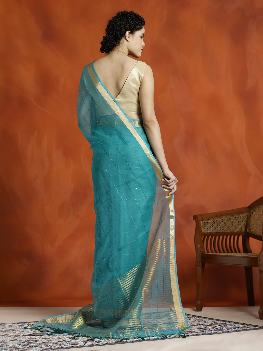 Teal Sequin Embellished Banarasi Organza Saree