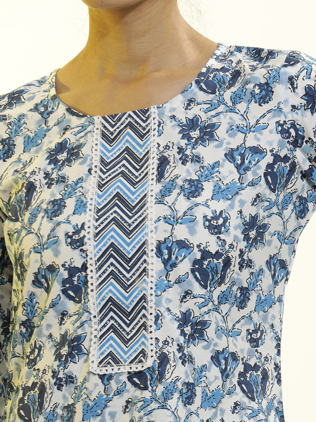 Floral Printed Cotton Blend Blue Kurta Set