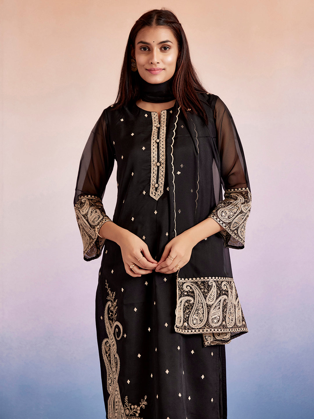 Black Paisley Embroidered Festive Suit Set