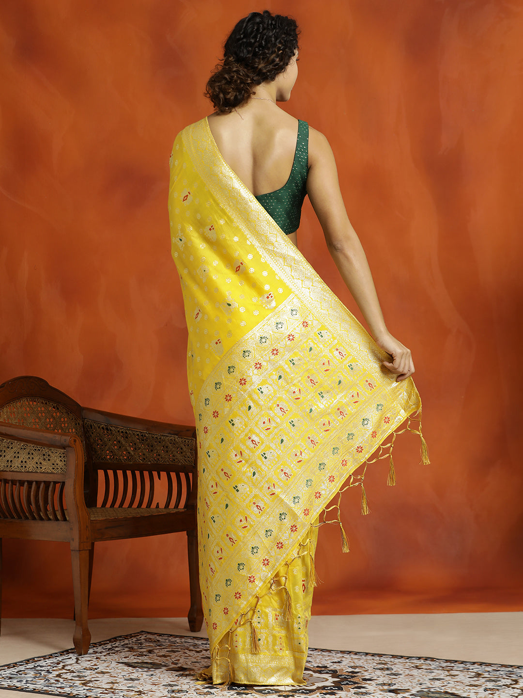 Yellow Silk Banarasi Floral Zari Woven Design Saree