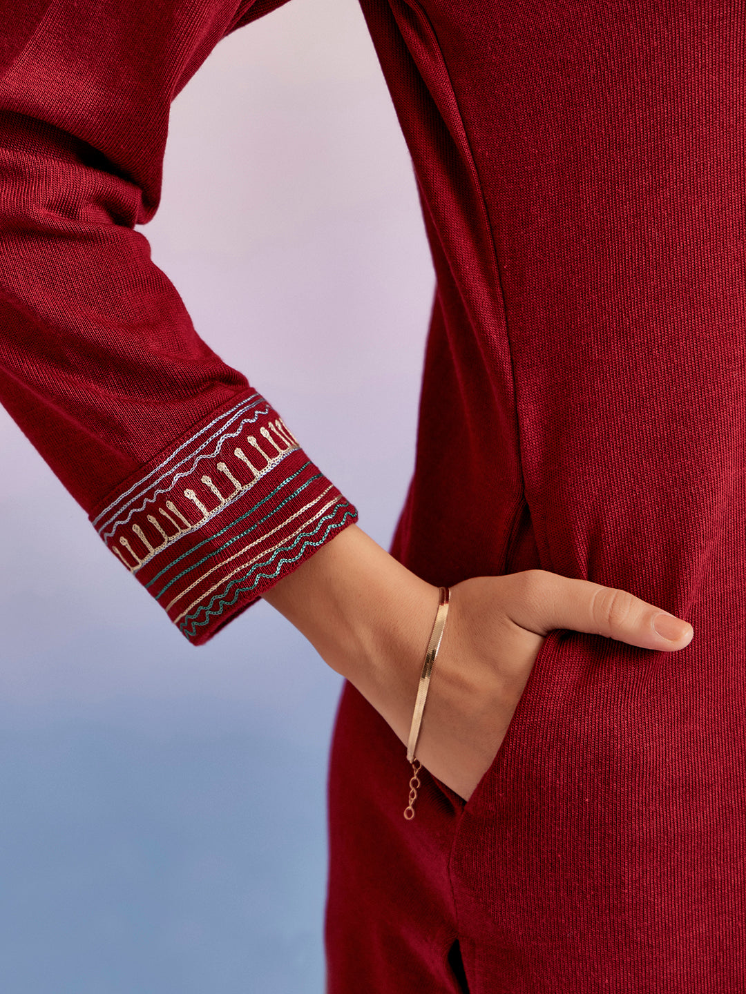 Maroon Embroidered Straight Woolen Kurta