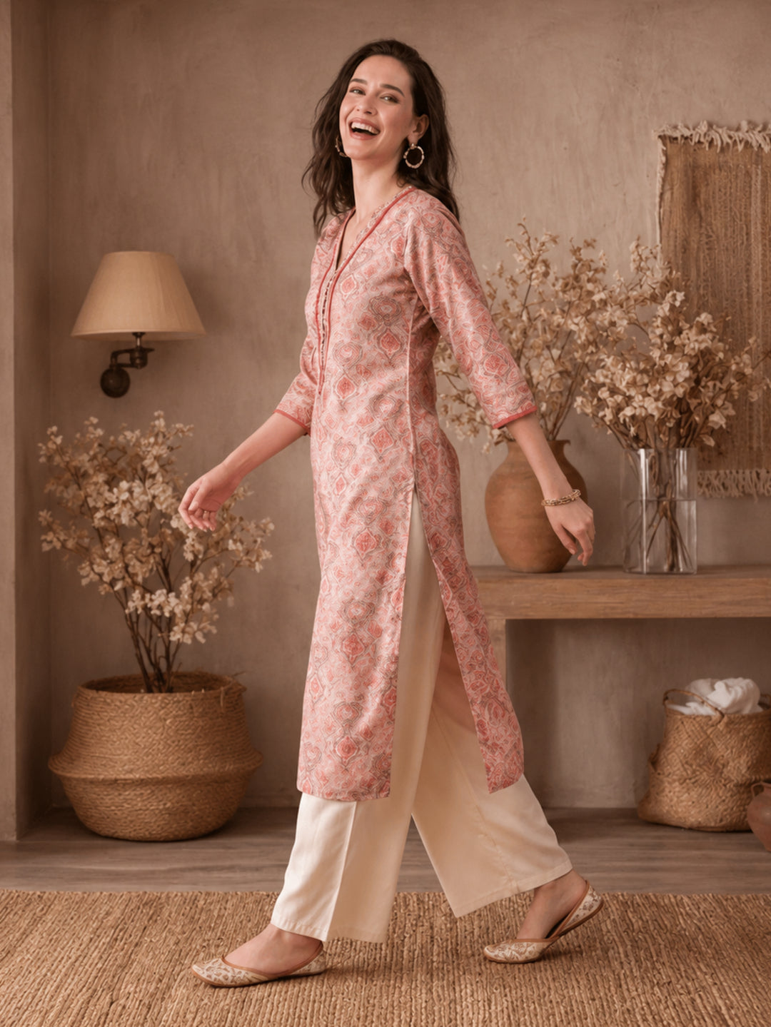 Ethnic Printed Peach Straight Kurta With Lace