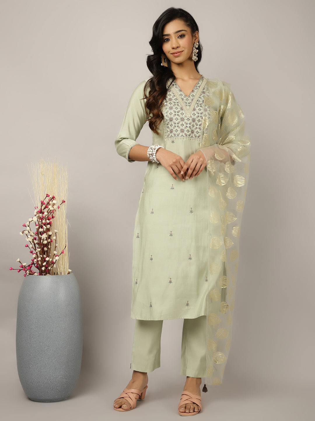 Mint Green Silk Blend Embroidered Suit Set