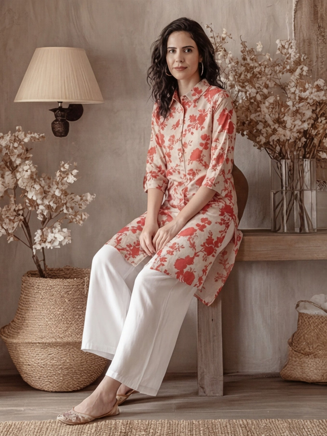 Floral Beige Collared Kurta