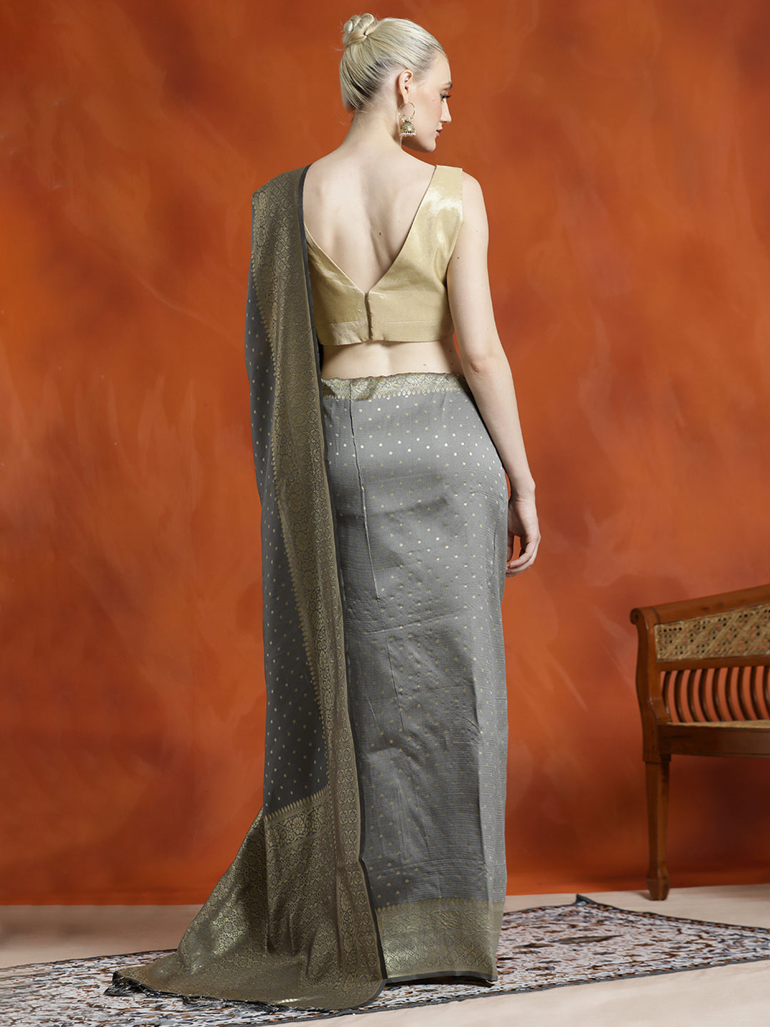 Grey Silk Banarasi Zari Woven Party Wear Saree