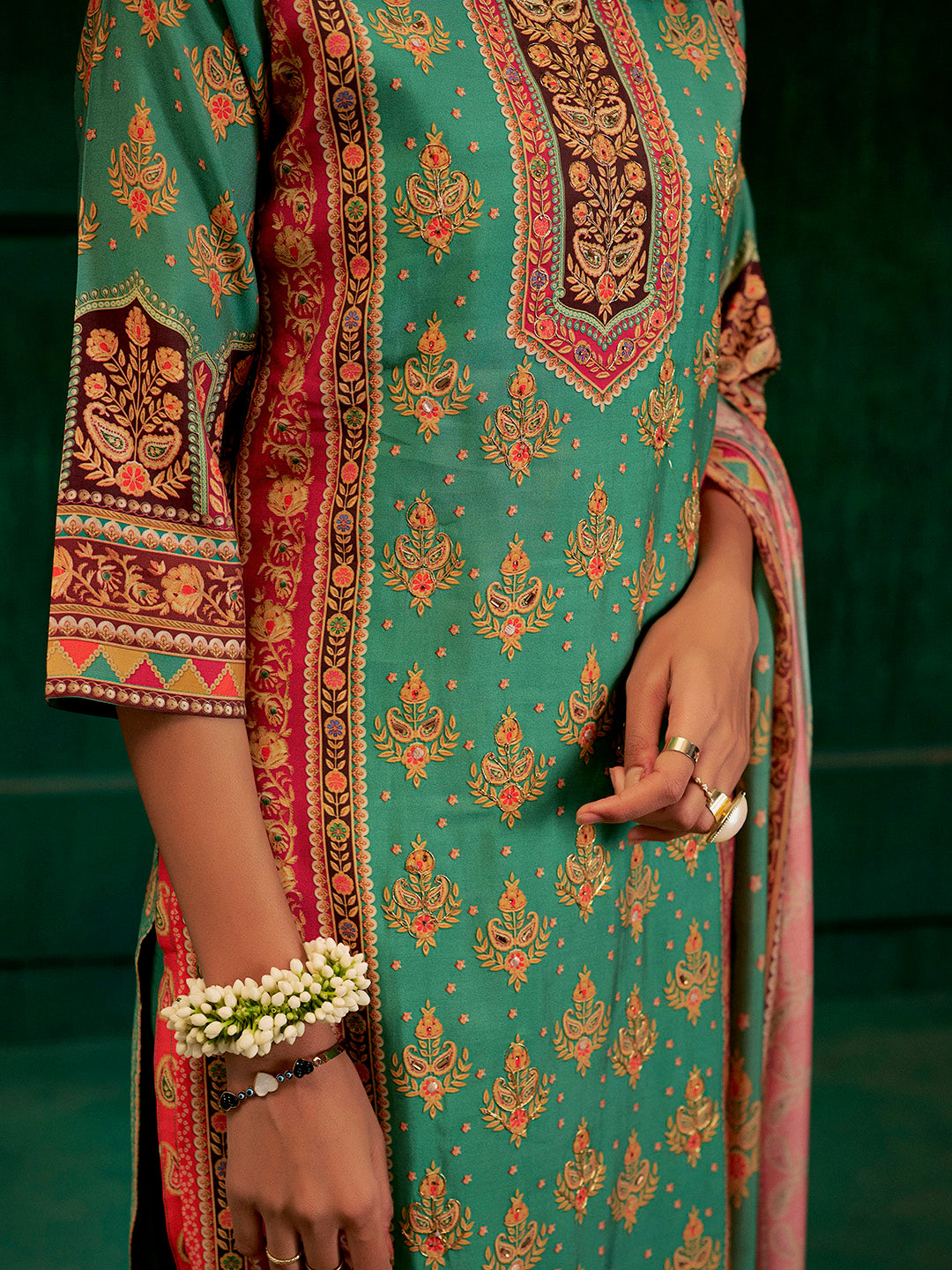 Sea Green Embellished Ethnic Printed Festive  Kurta Set With Dupatta
