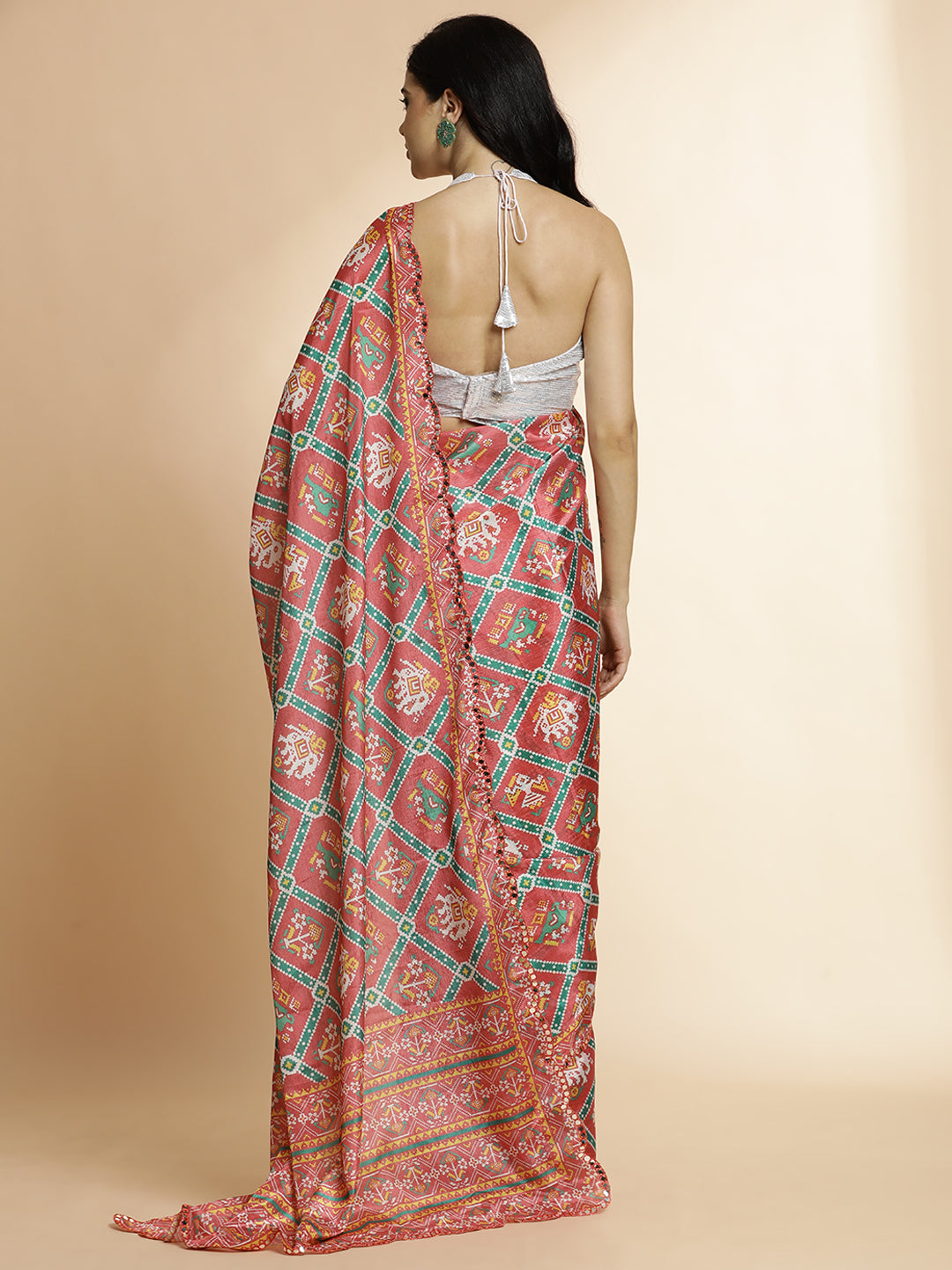 Multicolor Tribal Printed Mirror Work Satin Saree