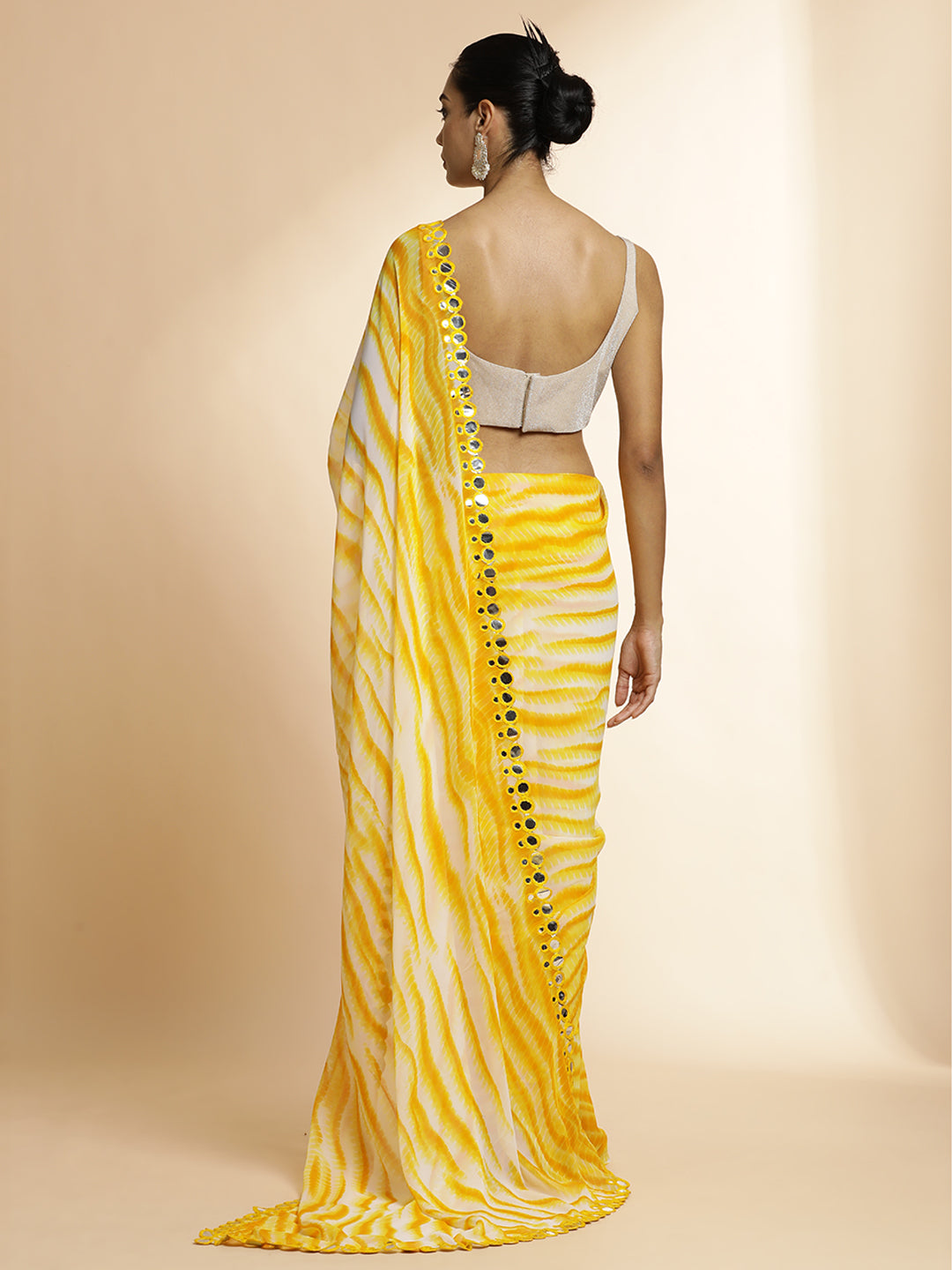 Yellow Pure Georgette Leheriya Mirror Work Saree