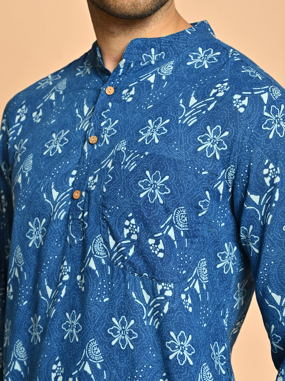 Blue Cotton Ethnic Block Printed Festive Short Kurta