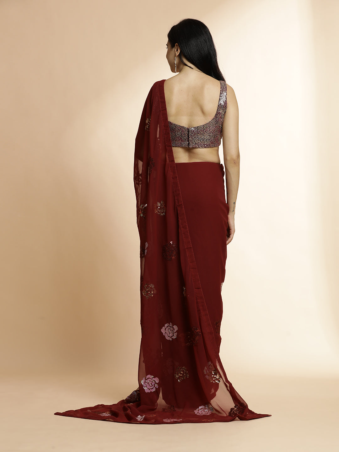 Maroon Sequin Embellished Georgette Heavy Saree