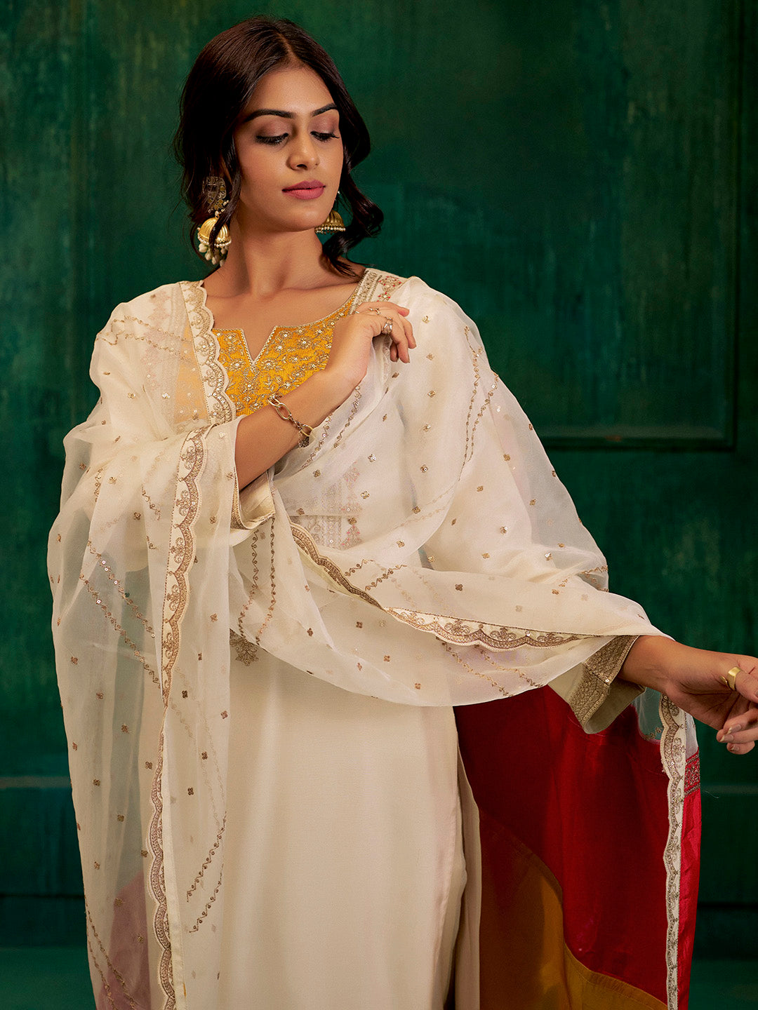 Cream & Mustard Zardozi Embroidered Festive Kurta Set With Dupatta