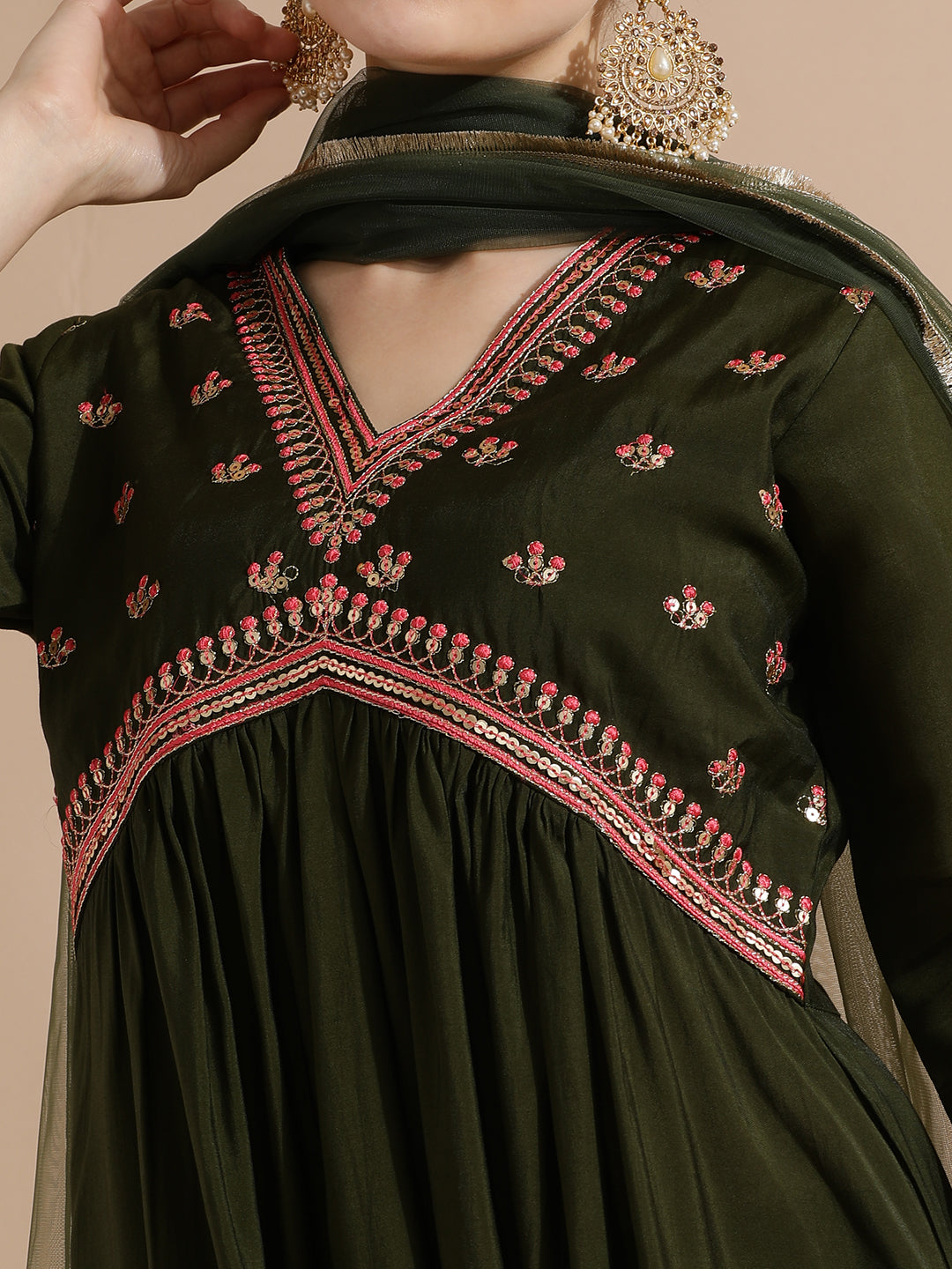 Green Festive Embroidered A-Line Kurta Set With Dupatta