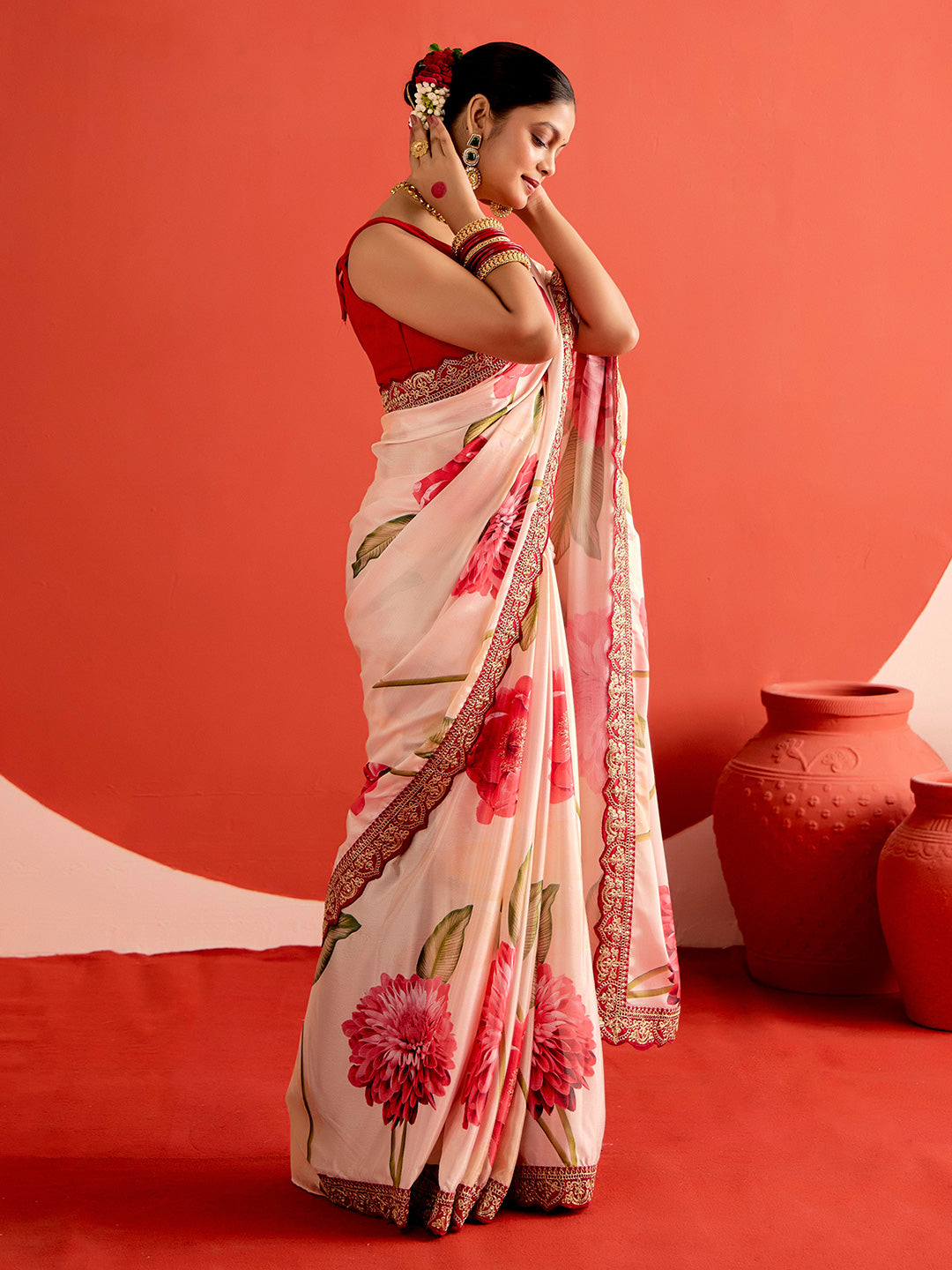 Floral Printed Fancy Lace Satin Saree