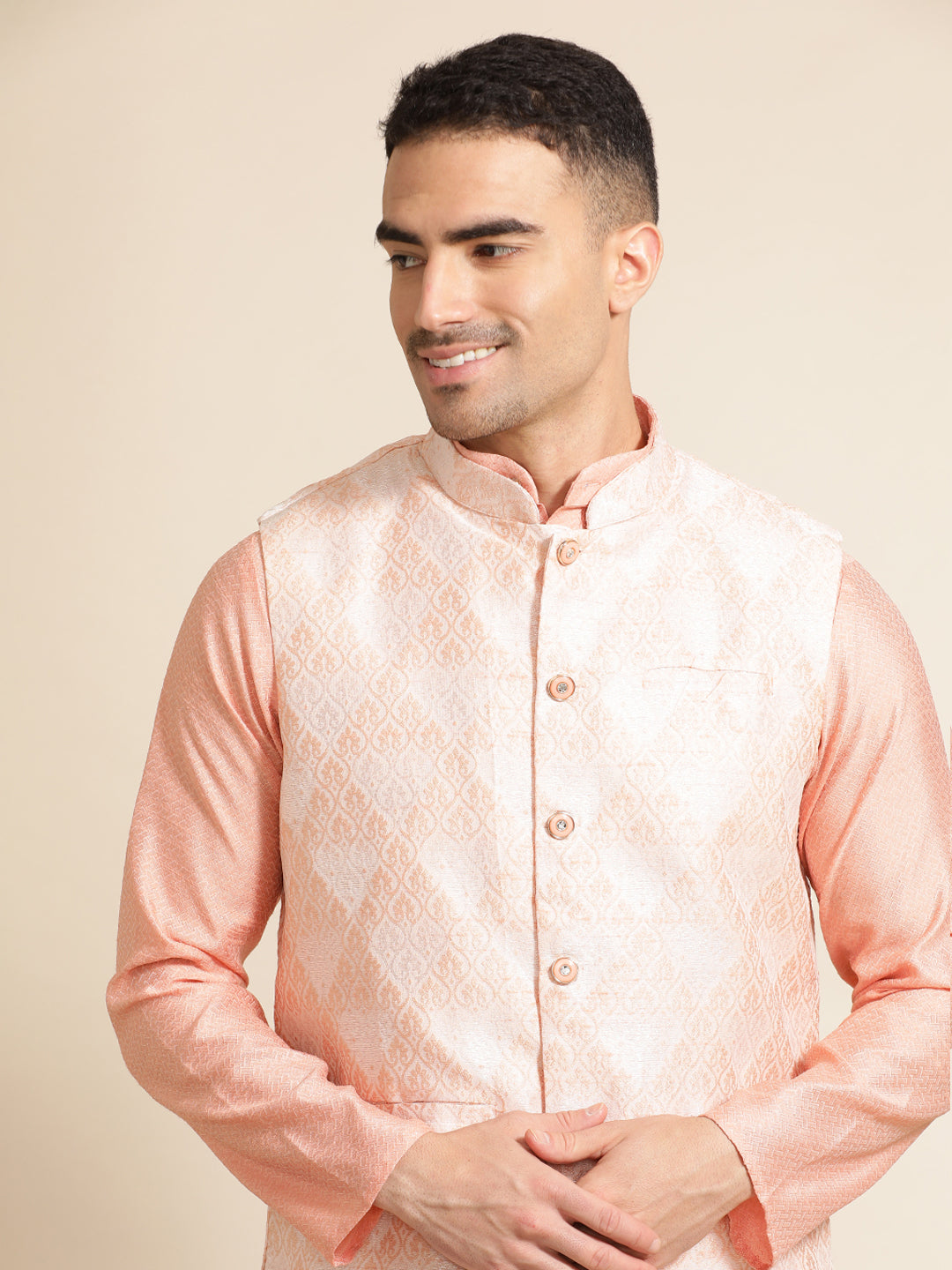 Peach Festive Kurta With Printed Nehru Jacket Set