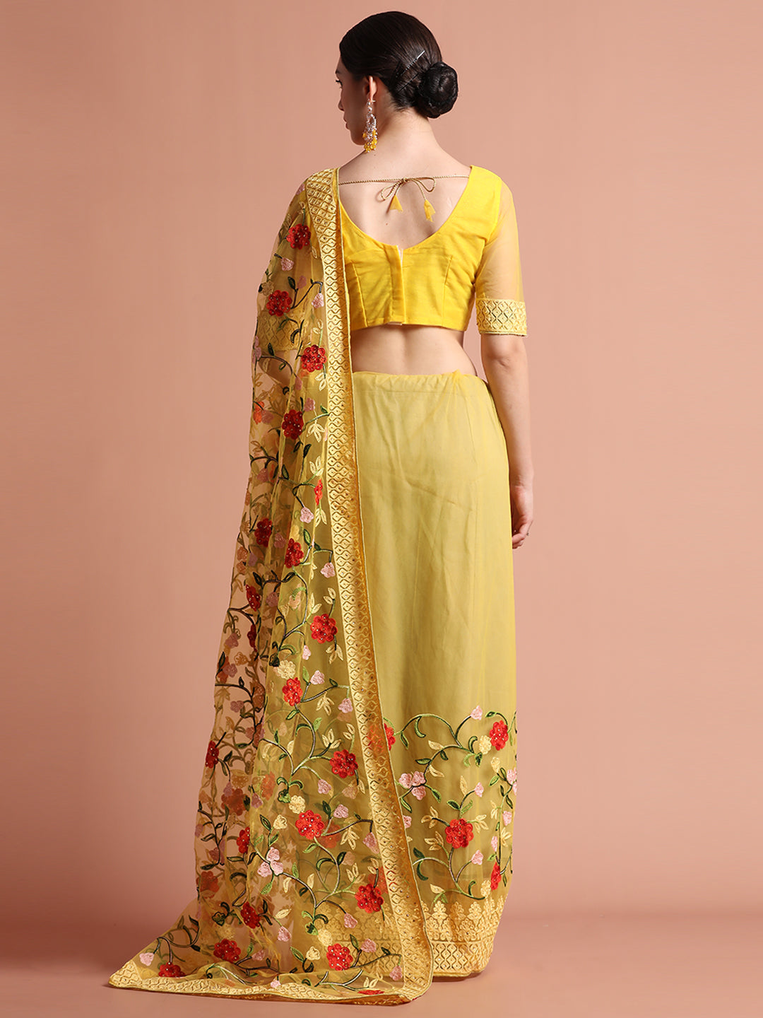 Yellow Heavy Floral Embroidered Net Party Wear Saree