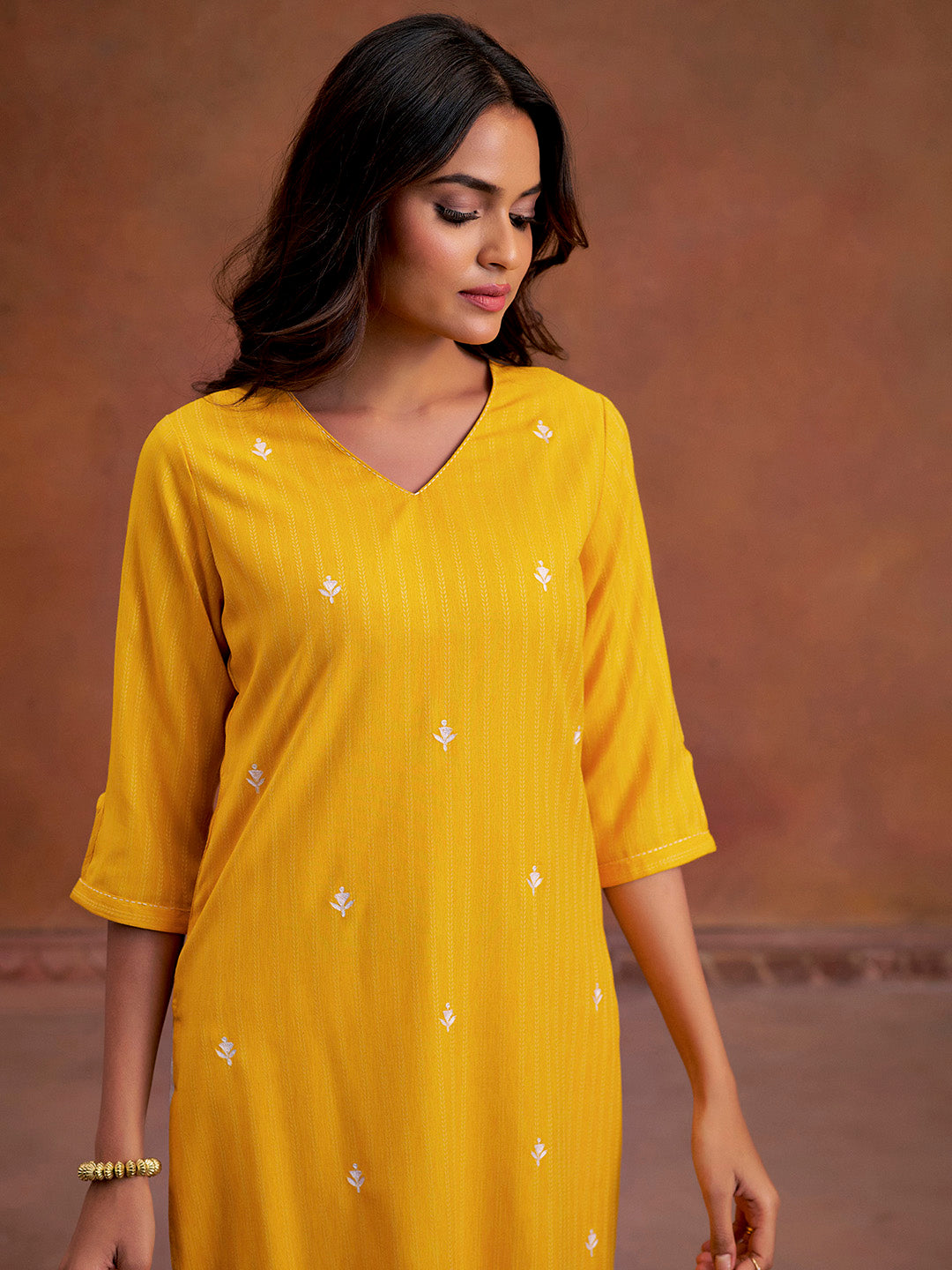 Mustard Self Woven Embroidered Straight Kurta