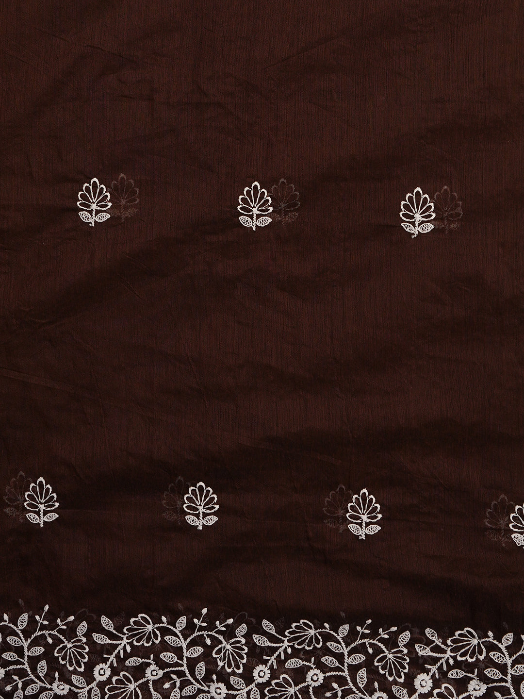 Brown Unstitched Embroidered Cotton Blend Dress Material With Dupatta