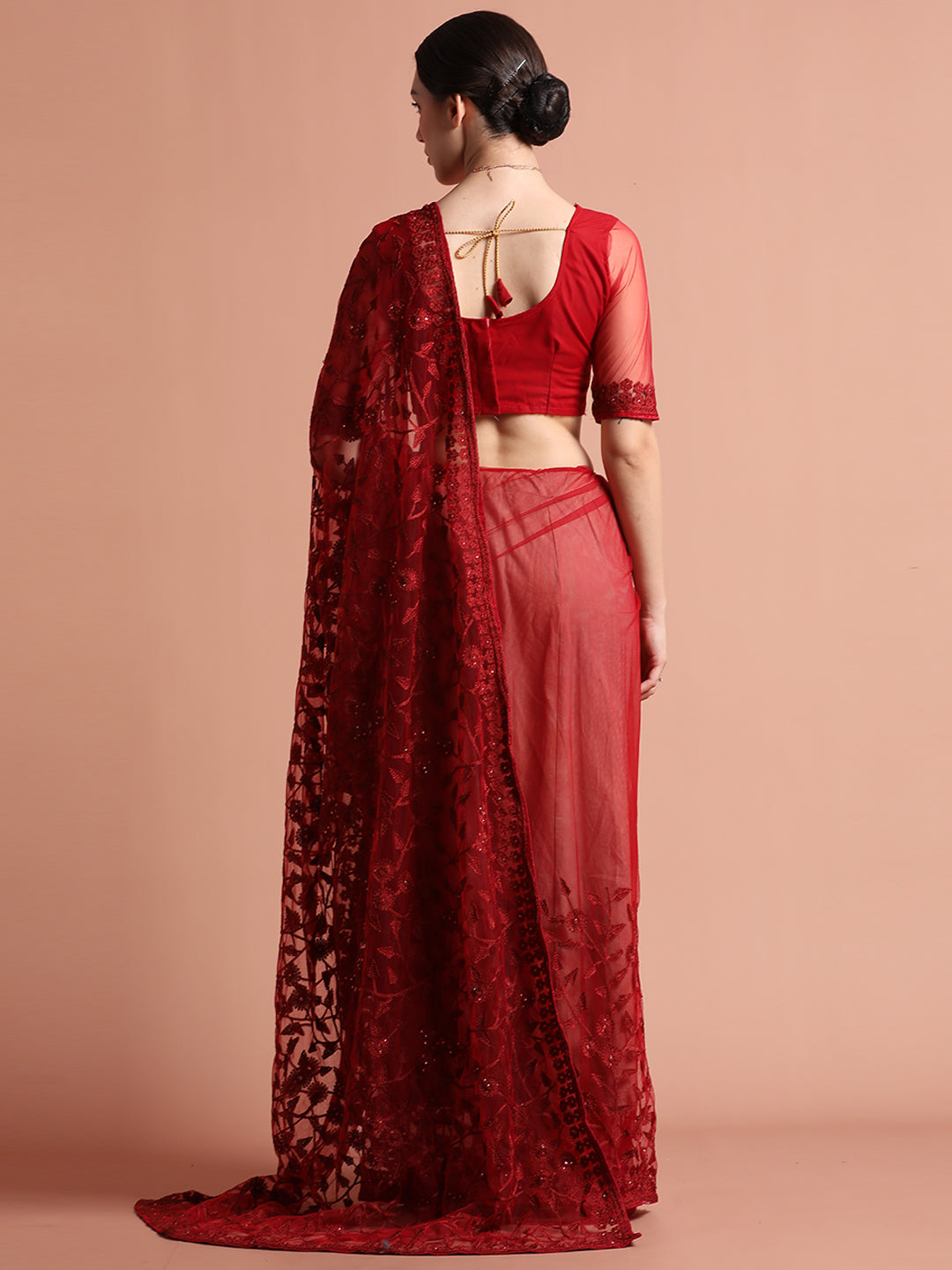 Maroon Party Wear Floral Embroidered Net Saree