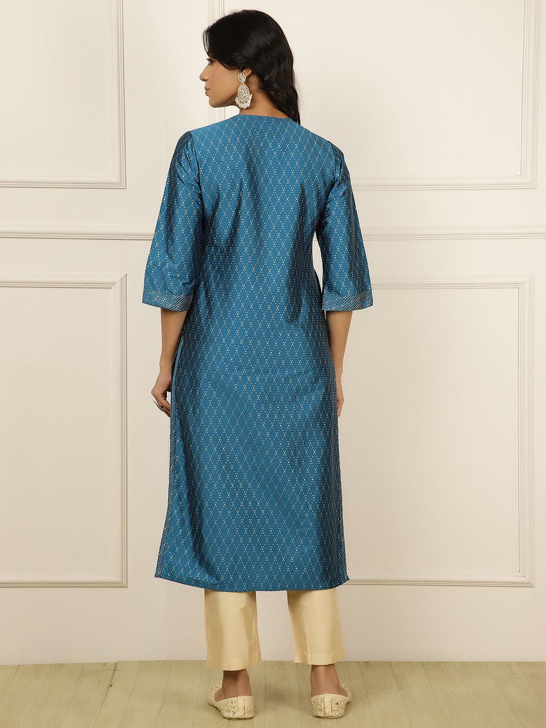 Teal Blue Ethnic Printed Straight Kurta