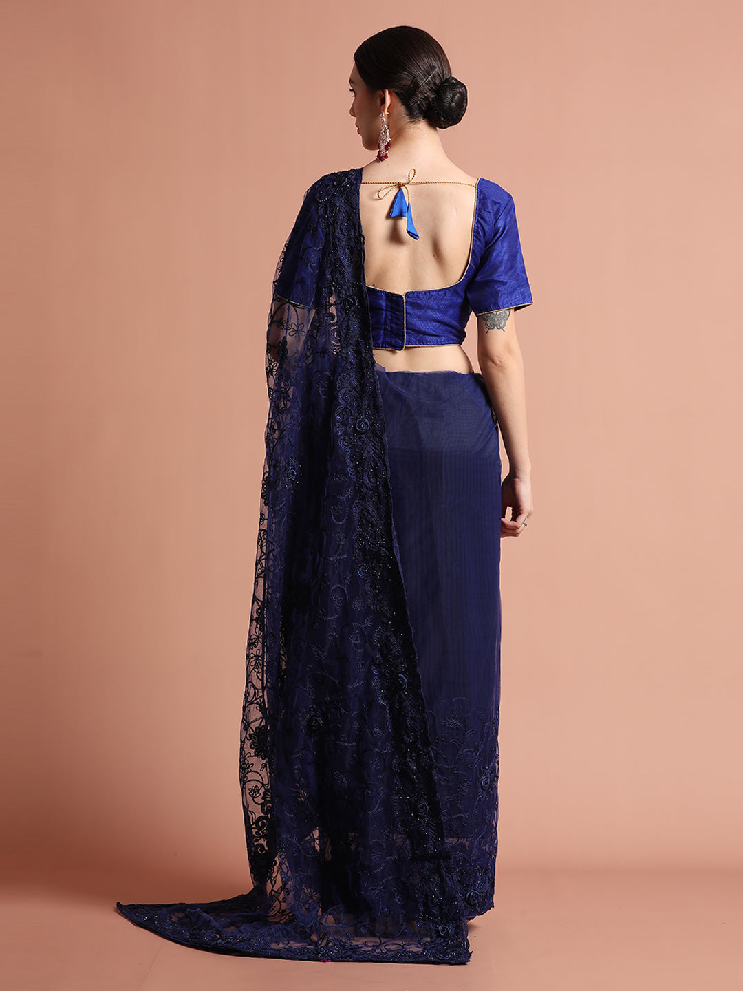 Navy Blue Embroidered Net Party Wear Saree