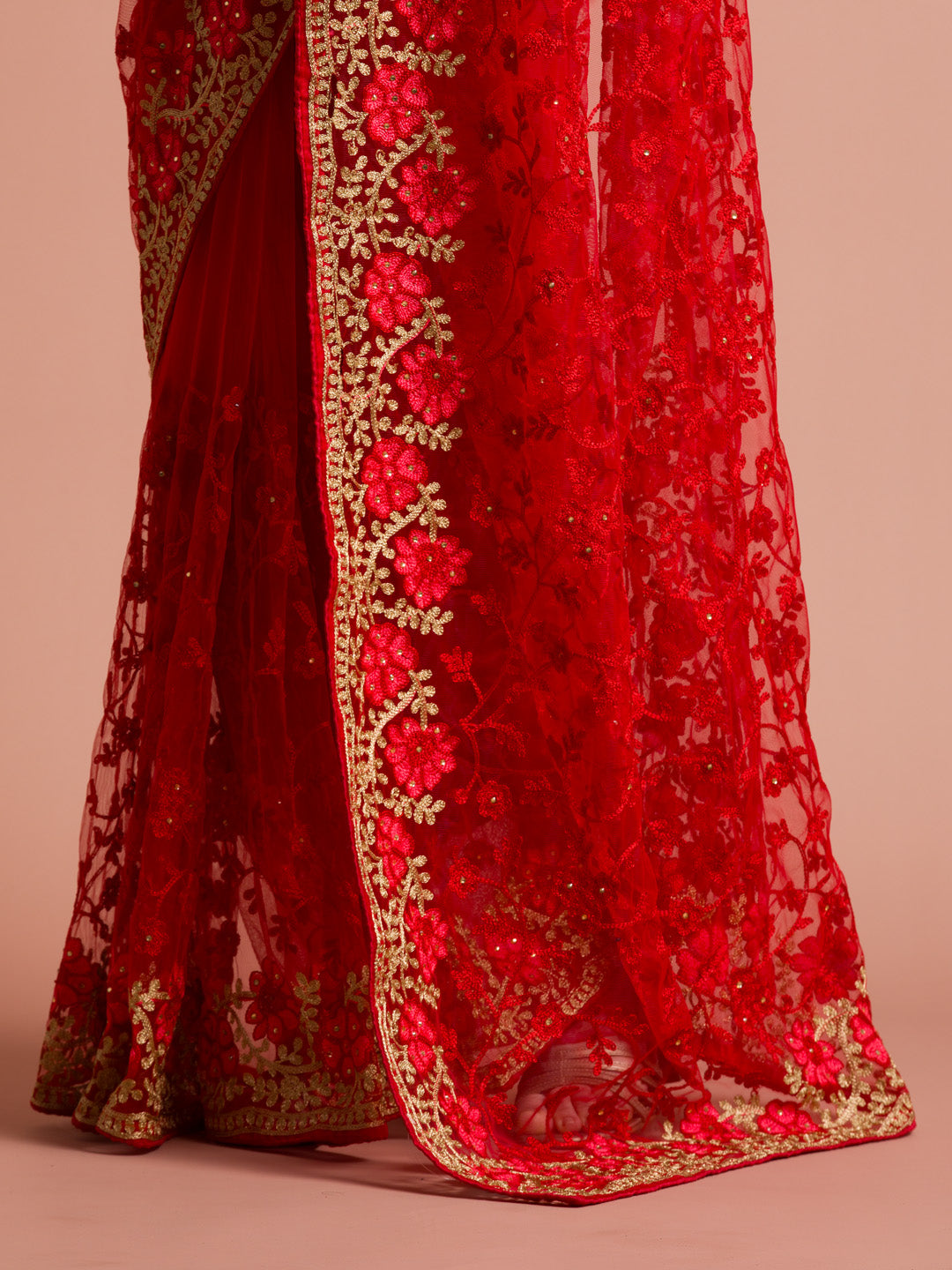 Floral Embroidered Net Red Party Wear Saree