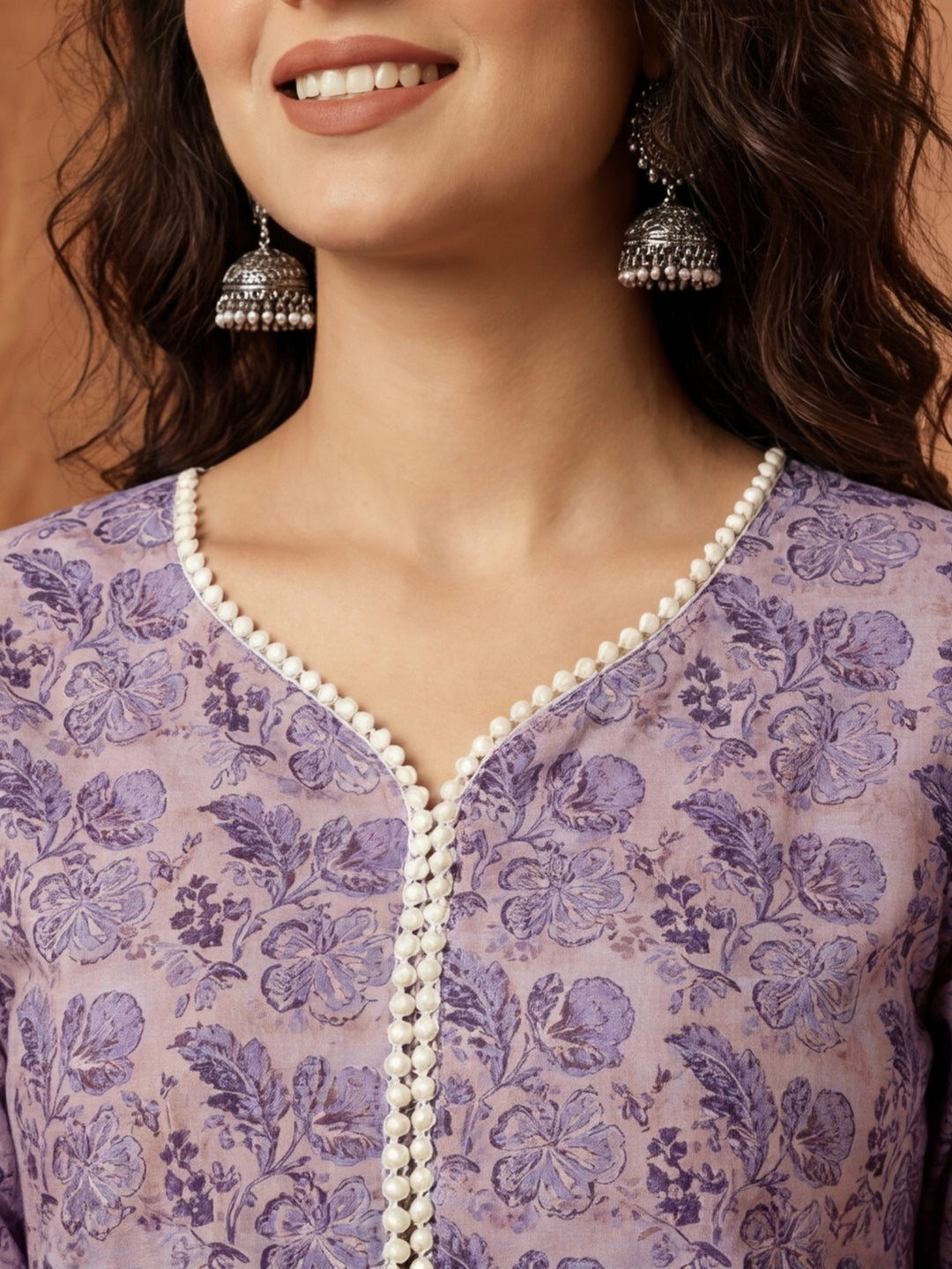 Lavender Floral Print Flared Kurta With Sharara
