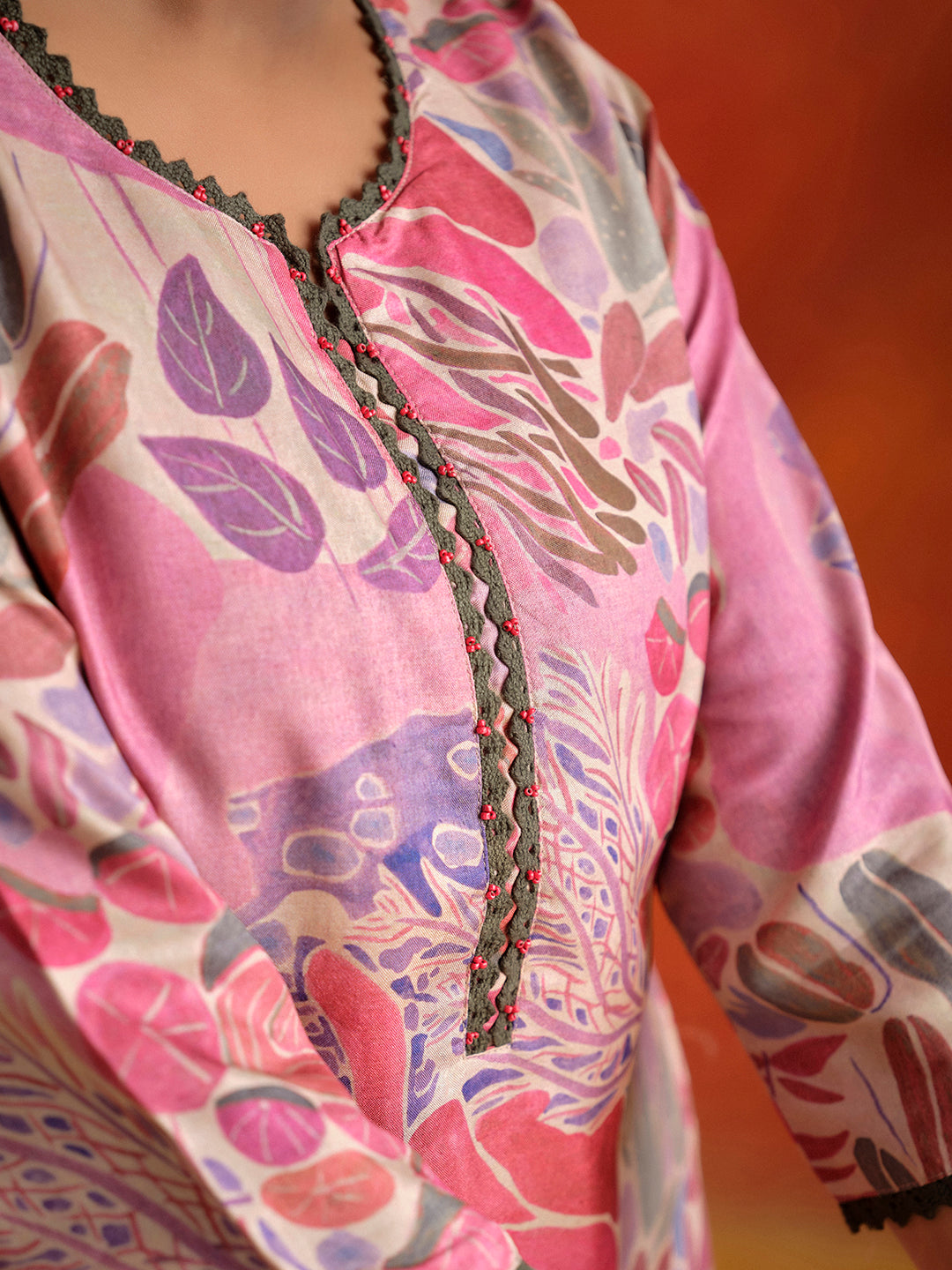 Pink Botanical Printed Embroidered Straight Kurta