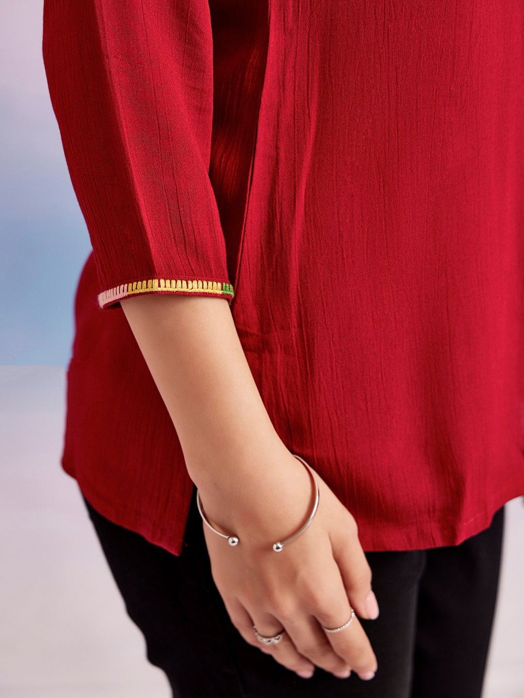 Solid Red Embroidered Casual Top