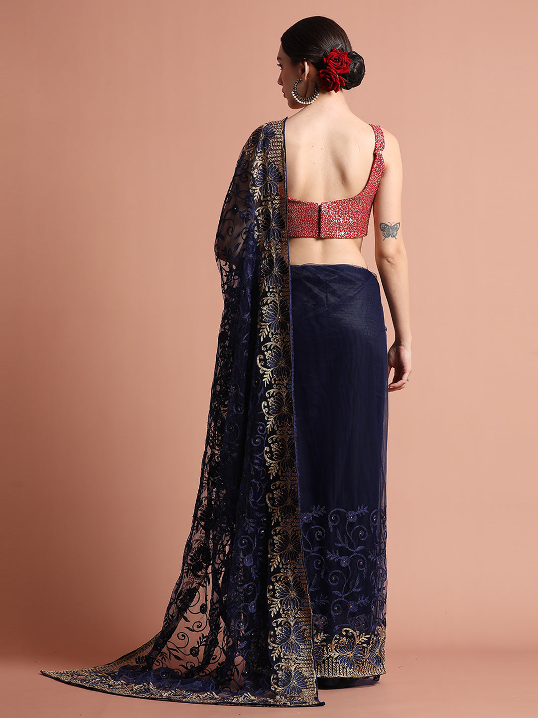 Navy Blue Heavy Floral Embroidered Net Party Wear Saree