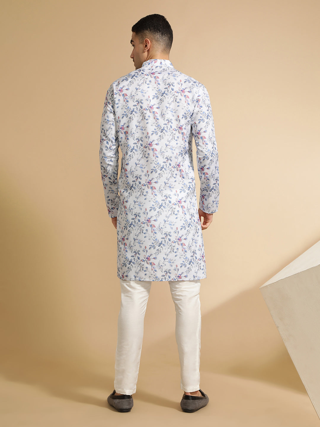 Floral Printed Off White & Blue Cotton Kurta for Men