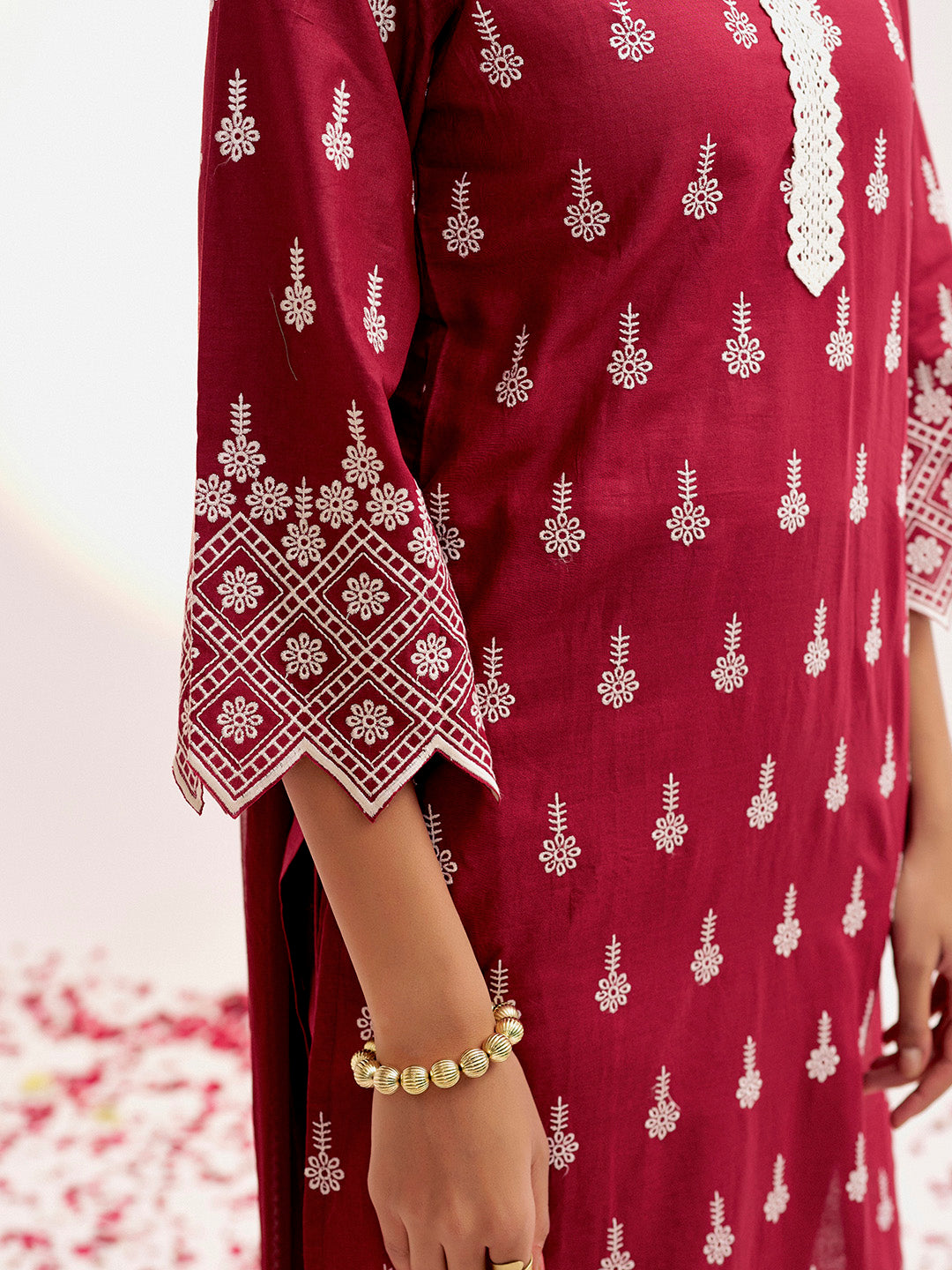 Maroon Embroidered Cotton Schiffli Kurta Set With Dupatta