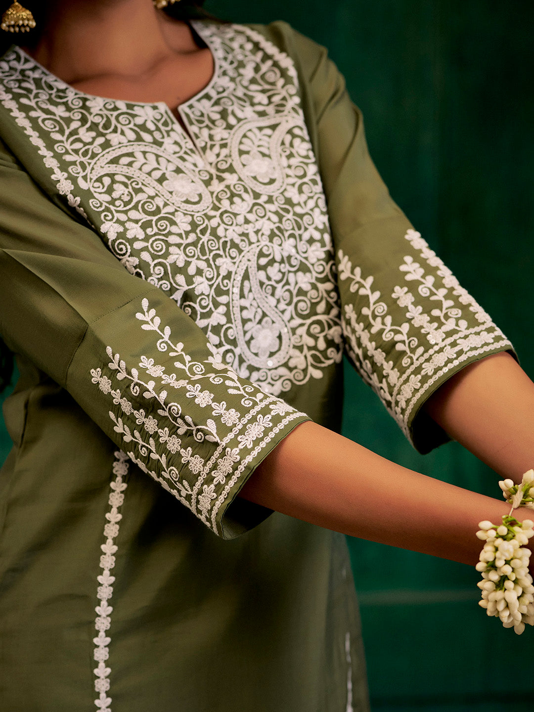 Dark Green Resham Embroidered Festive Kurta Set With Dupatta