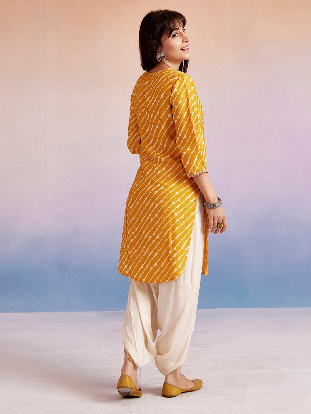 Mustard Embroidered Leheriya Kurta With Dhoti