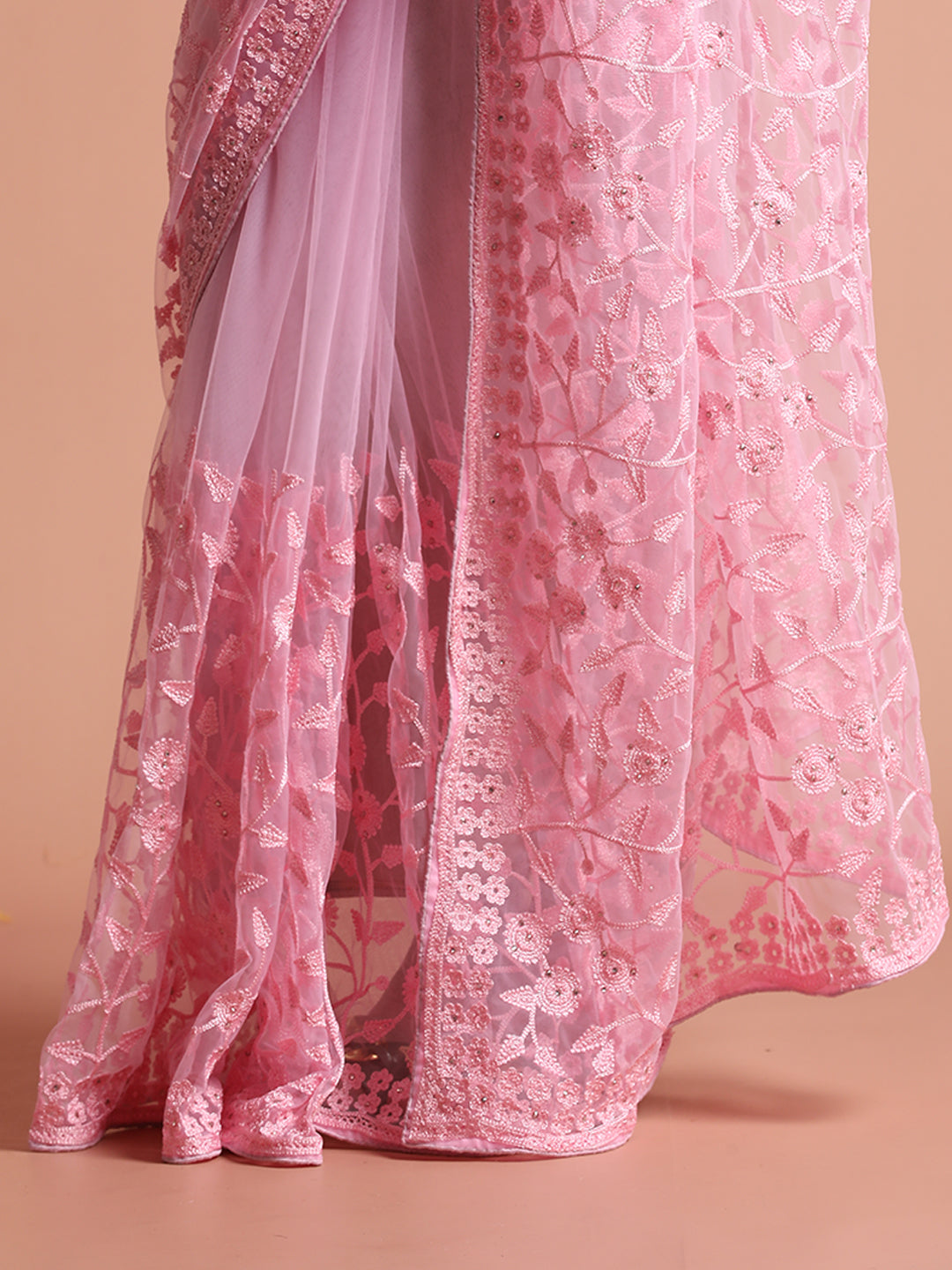 Party Wear Floral Embroidered Net Pink Saree