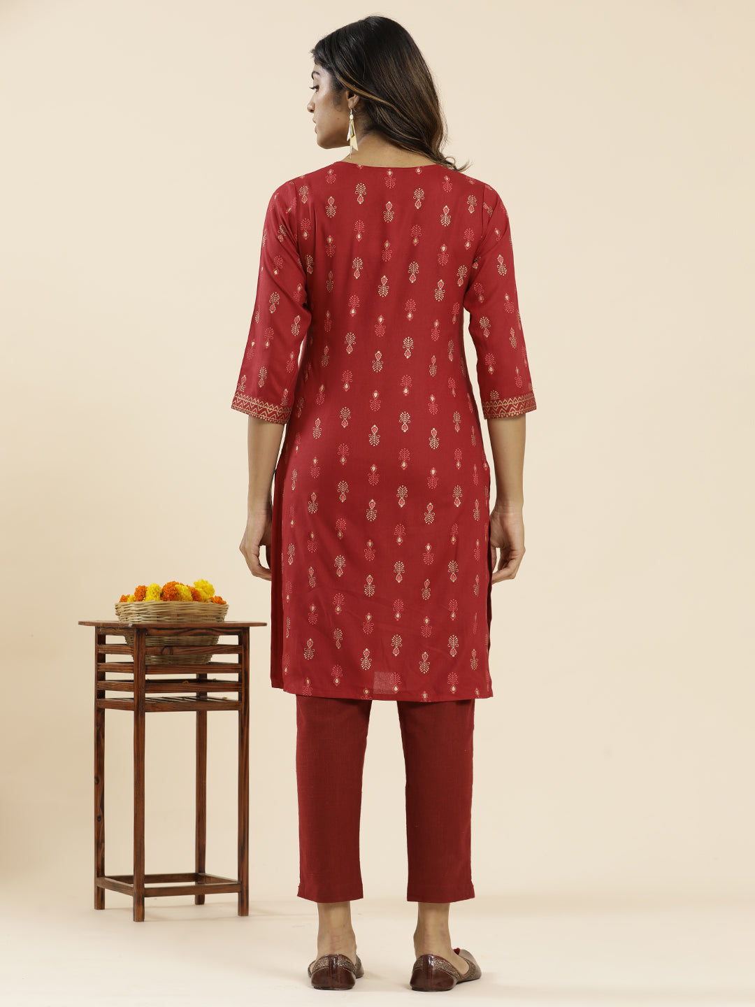 Rust Ethnic Motif Printed Straight Kurta