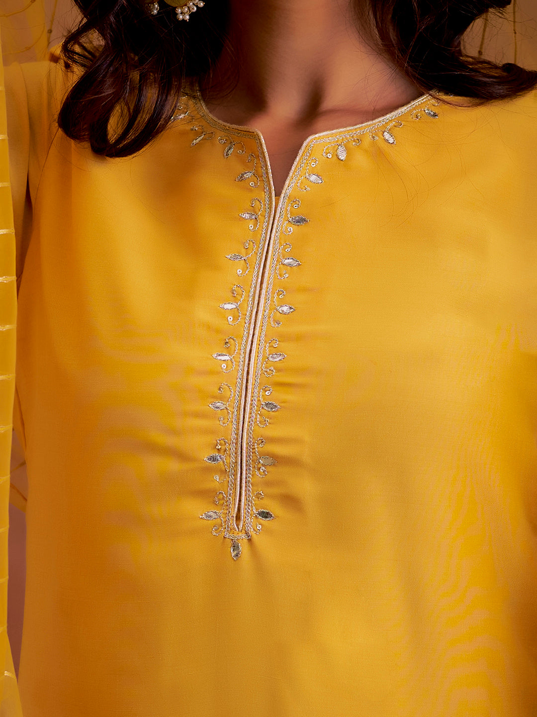 Mustard Festive Embroidered Poly Silk Kurta Set With Dupatta