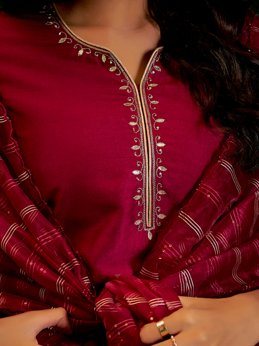 Maroon Festive Embroidered Poly Silk Kurta Set With Dupatta