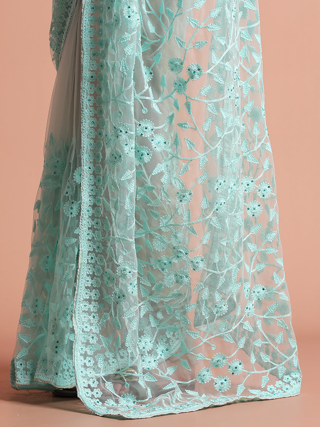 Sea Green Party Wear Floral Embroidered Net Saree