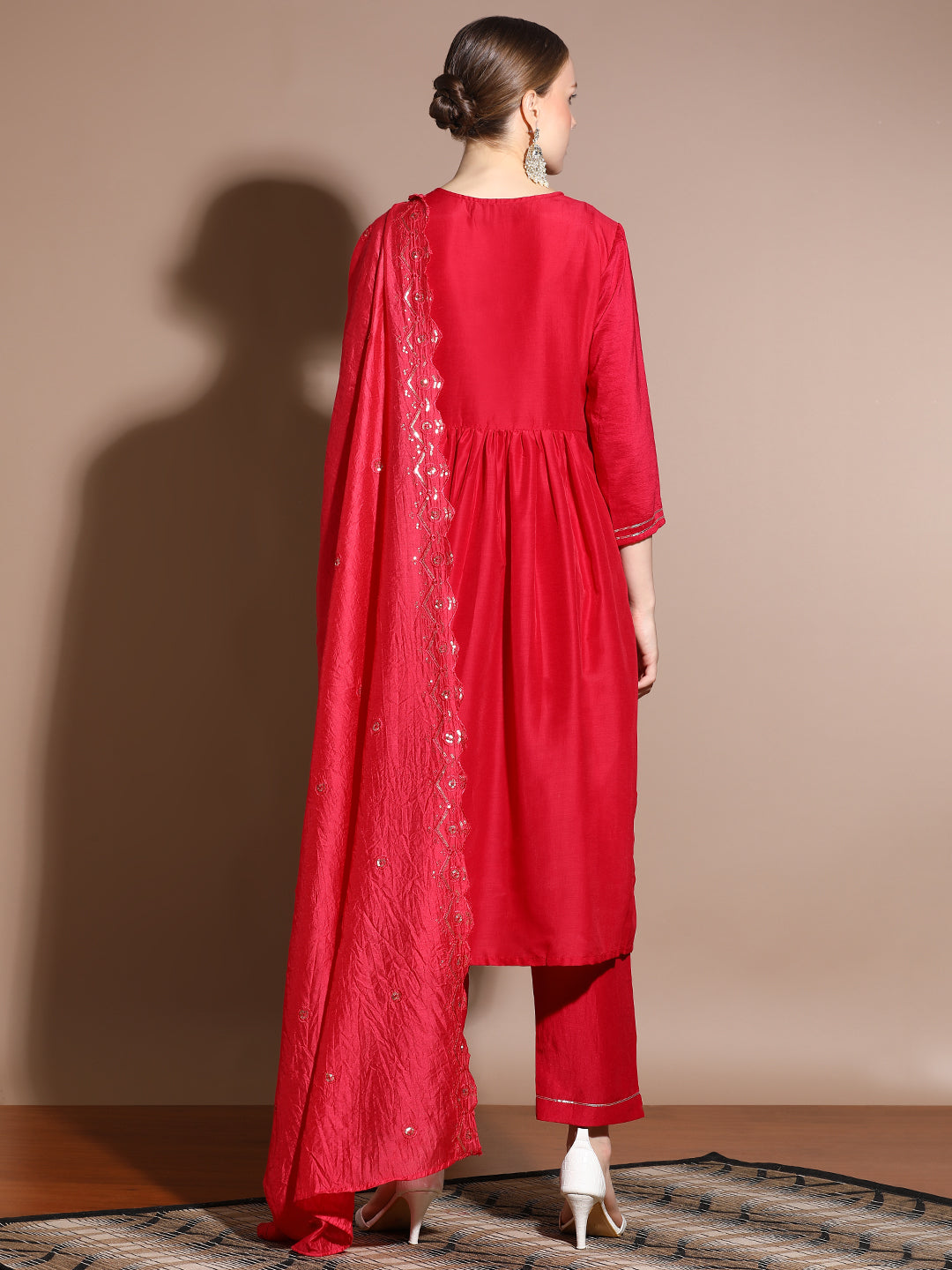 Red Velvet Solid Kurta Set With Dupatta