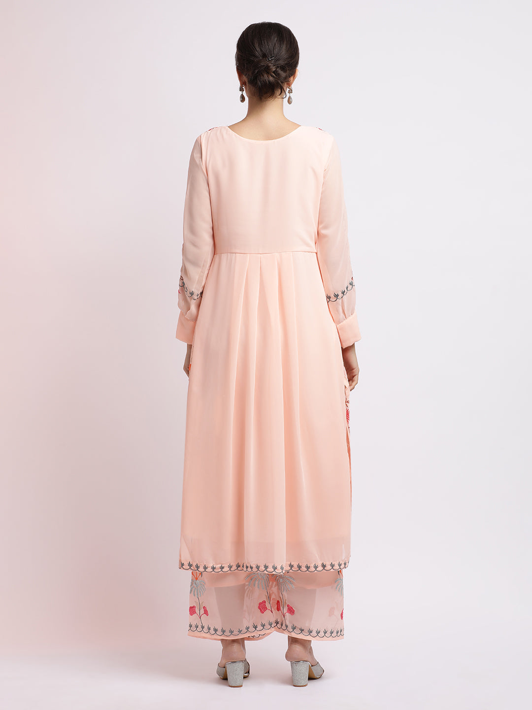 Peach Thread Embroidered Georgette Kurta Set With Dupatta