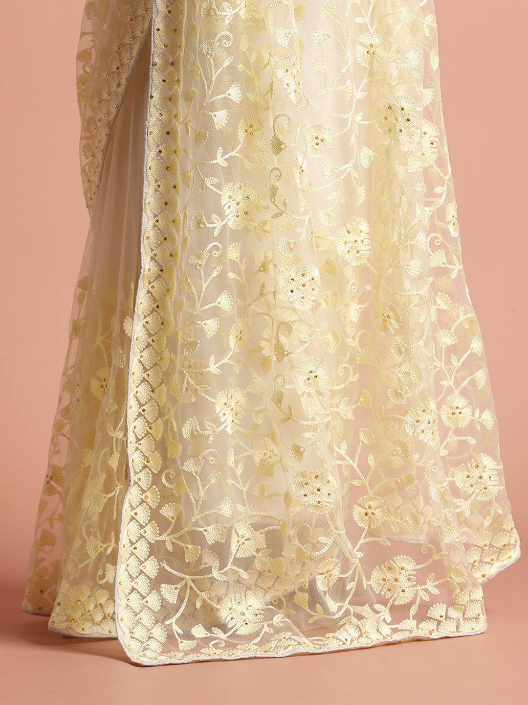 Party Wear Floral Cream Embroidered Net Saree