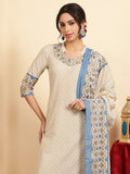 Ethnic Printed Blue Cotton Straight Kurta With Pants And Dupatta