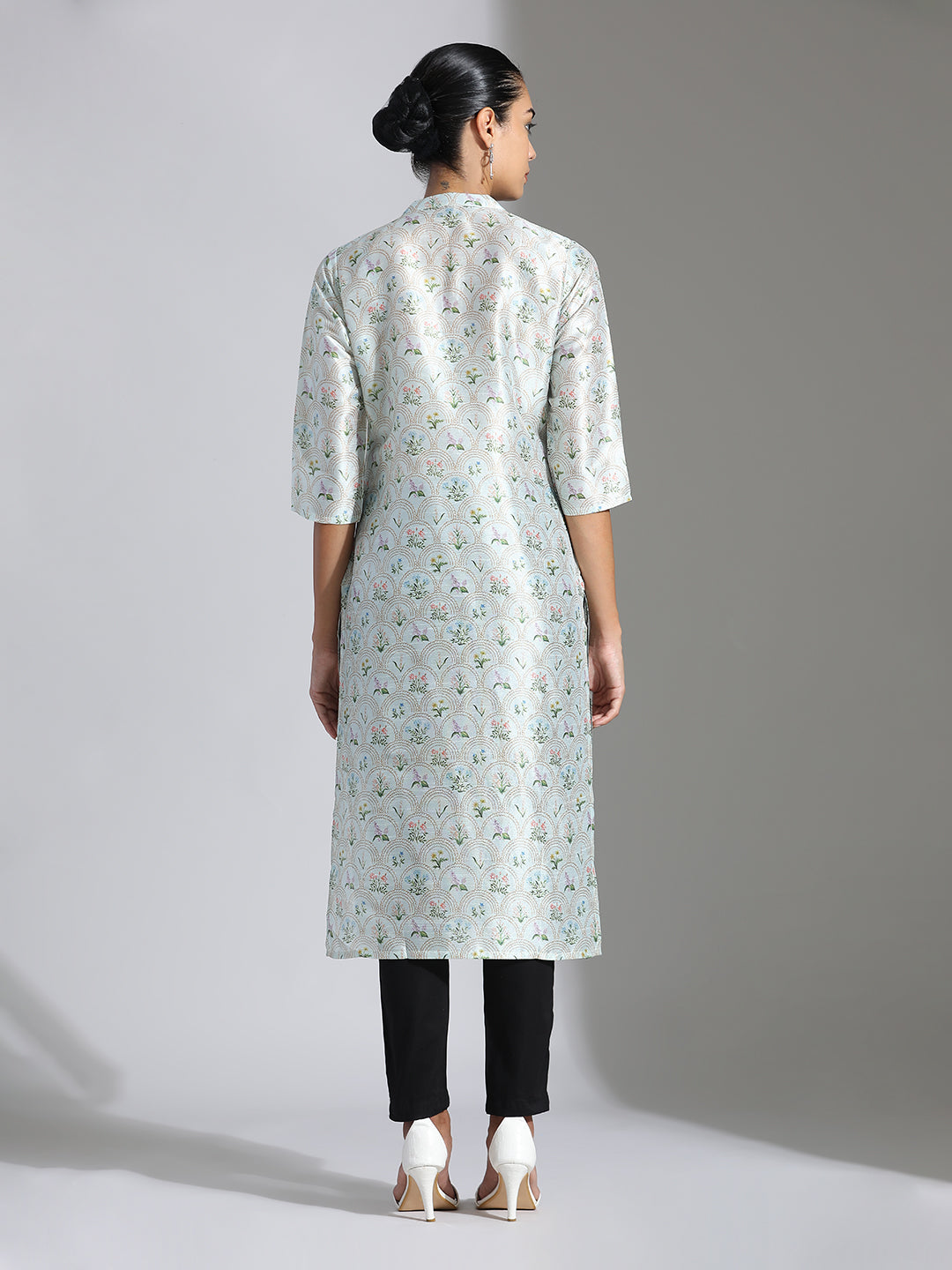 Light Green Floral Printed Poly Chanderi Kurta