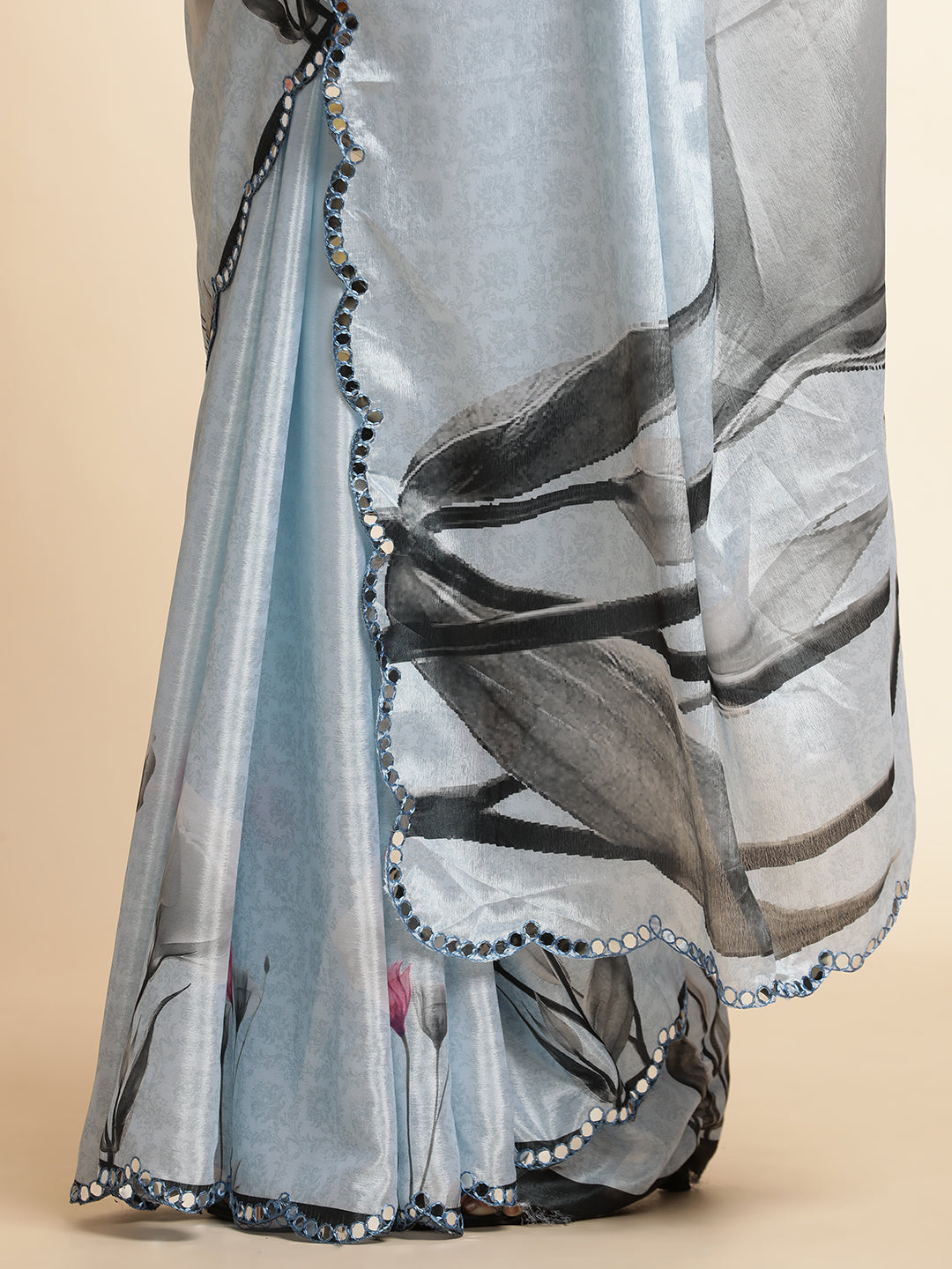 Sky Blue Tie-Dye Printed Mirror Work Satin Saree