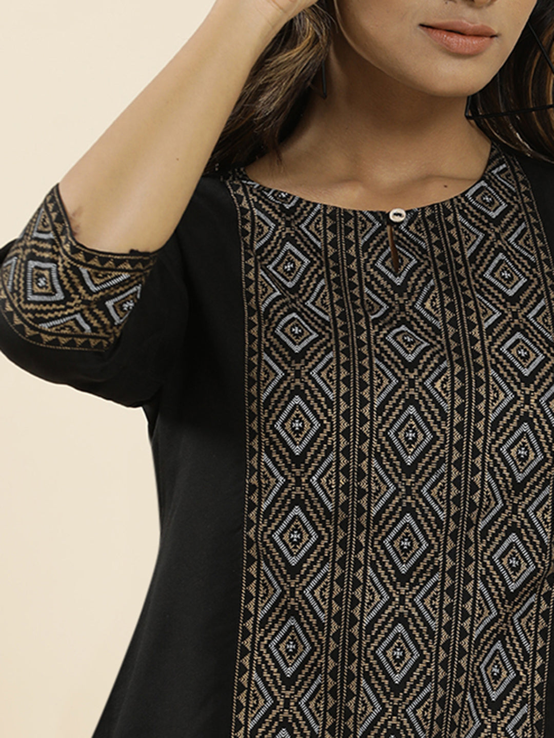 Black Geometric Printed Straight Top