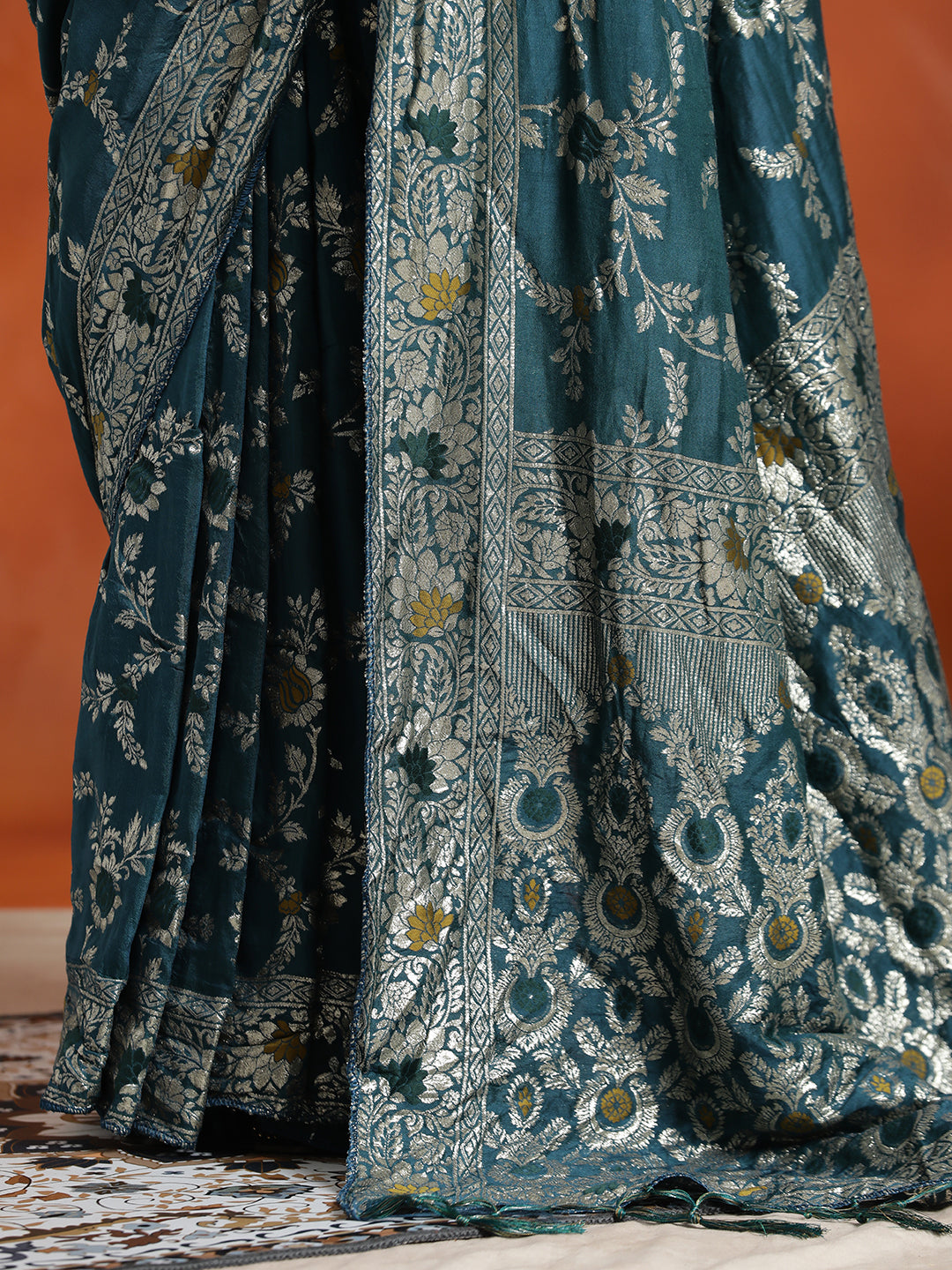 Teal Heavy Banarasi Zari Woven Teal Silk Blend Saree