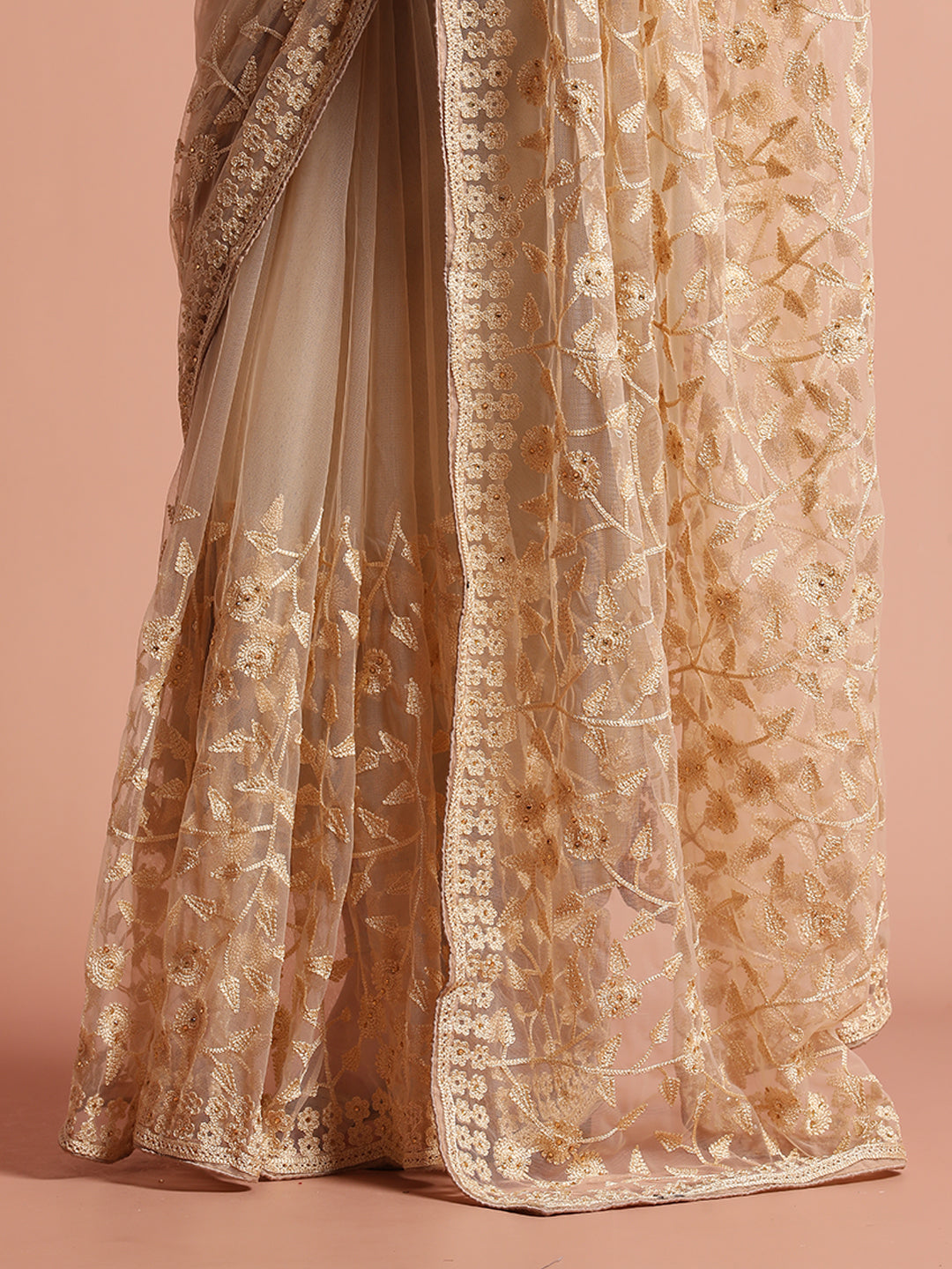 Beige Party Wear Floral Embroidered Net Saree