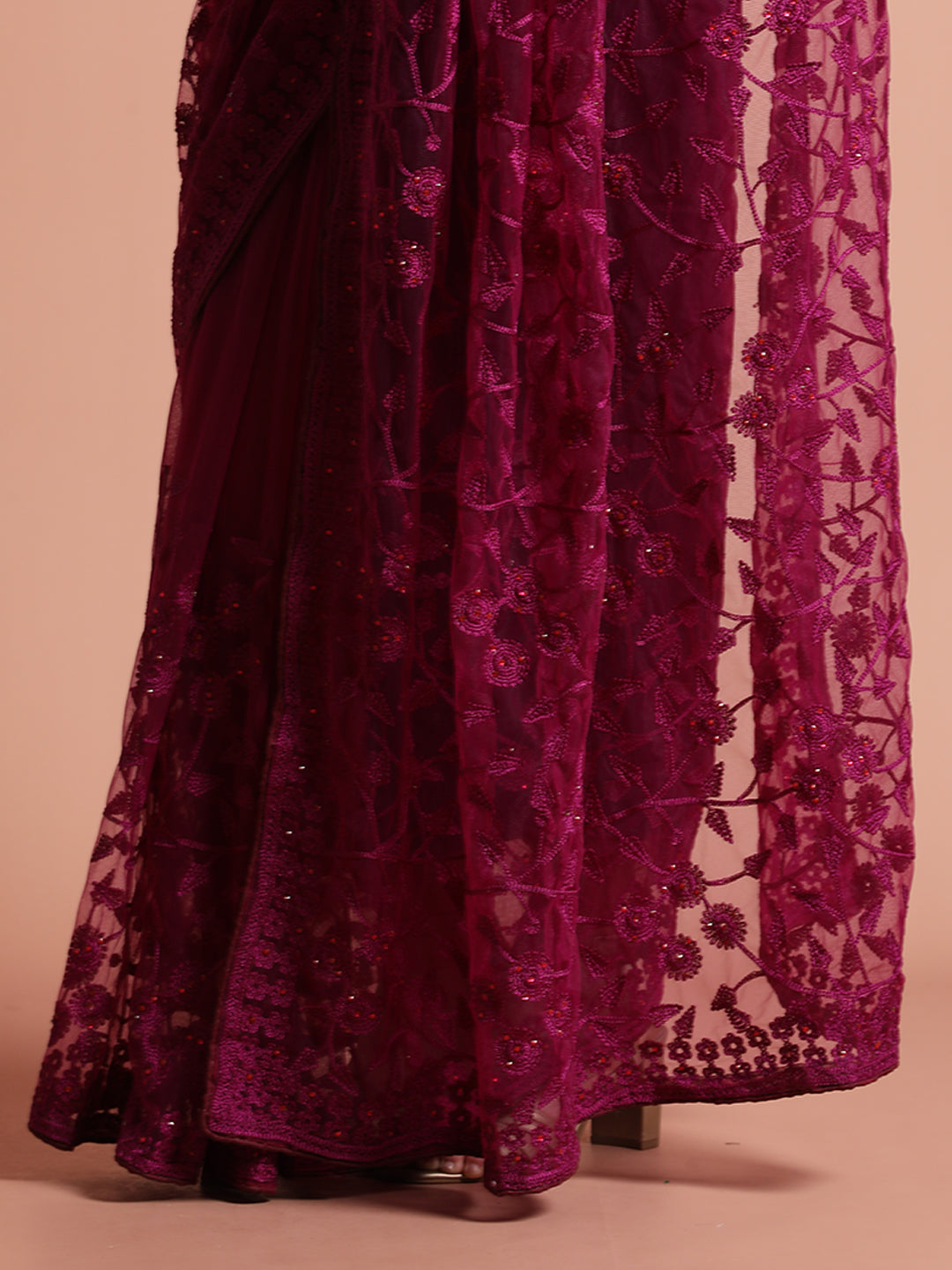 Purple Party Wear Floral Embroidered Net Saree