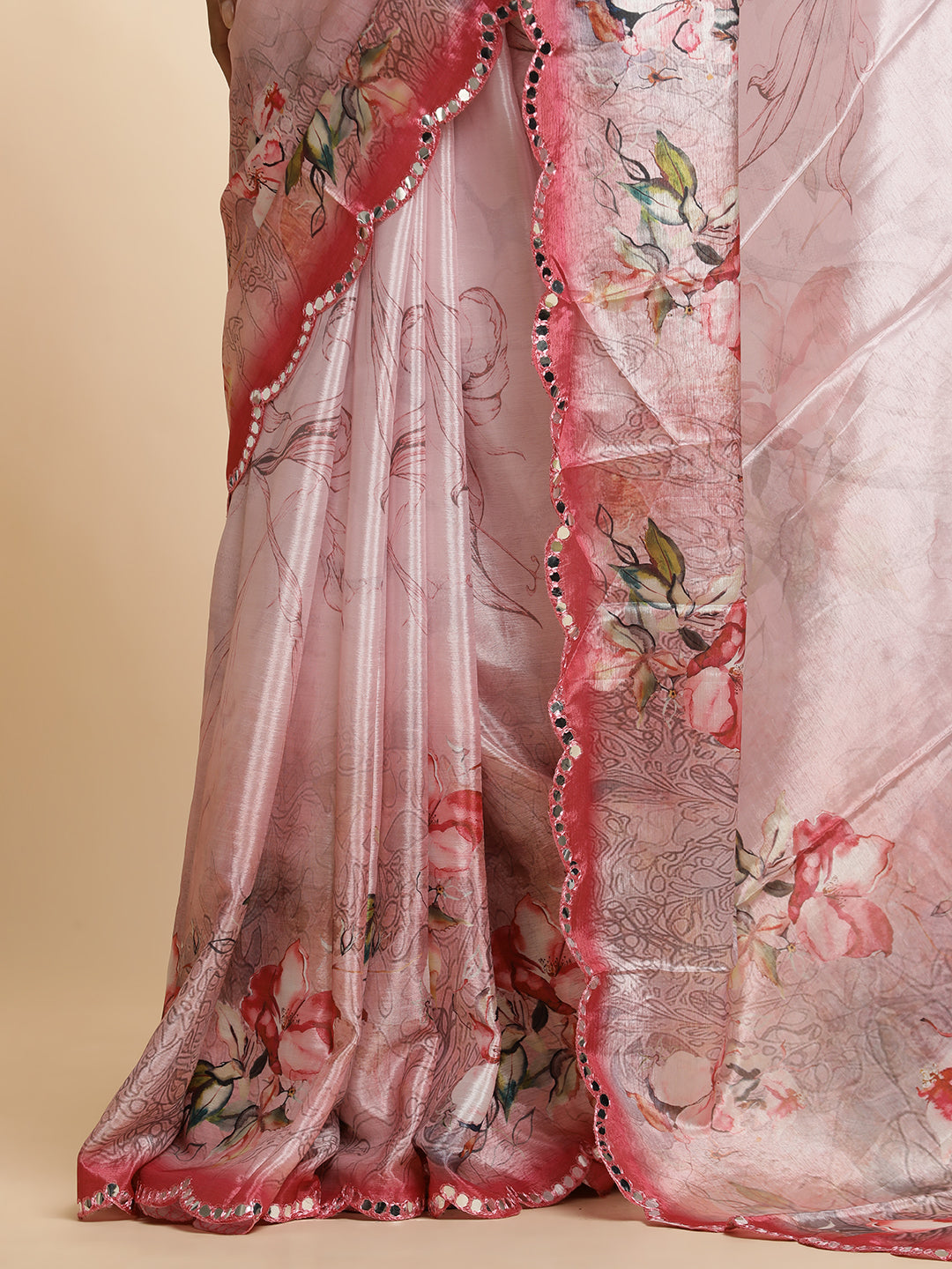 Pink Mirror Work Satin Floral Saree