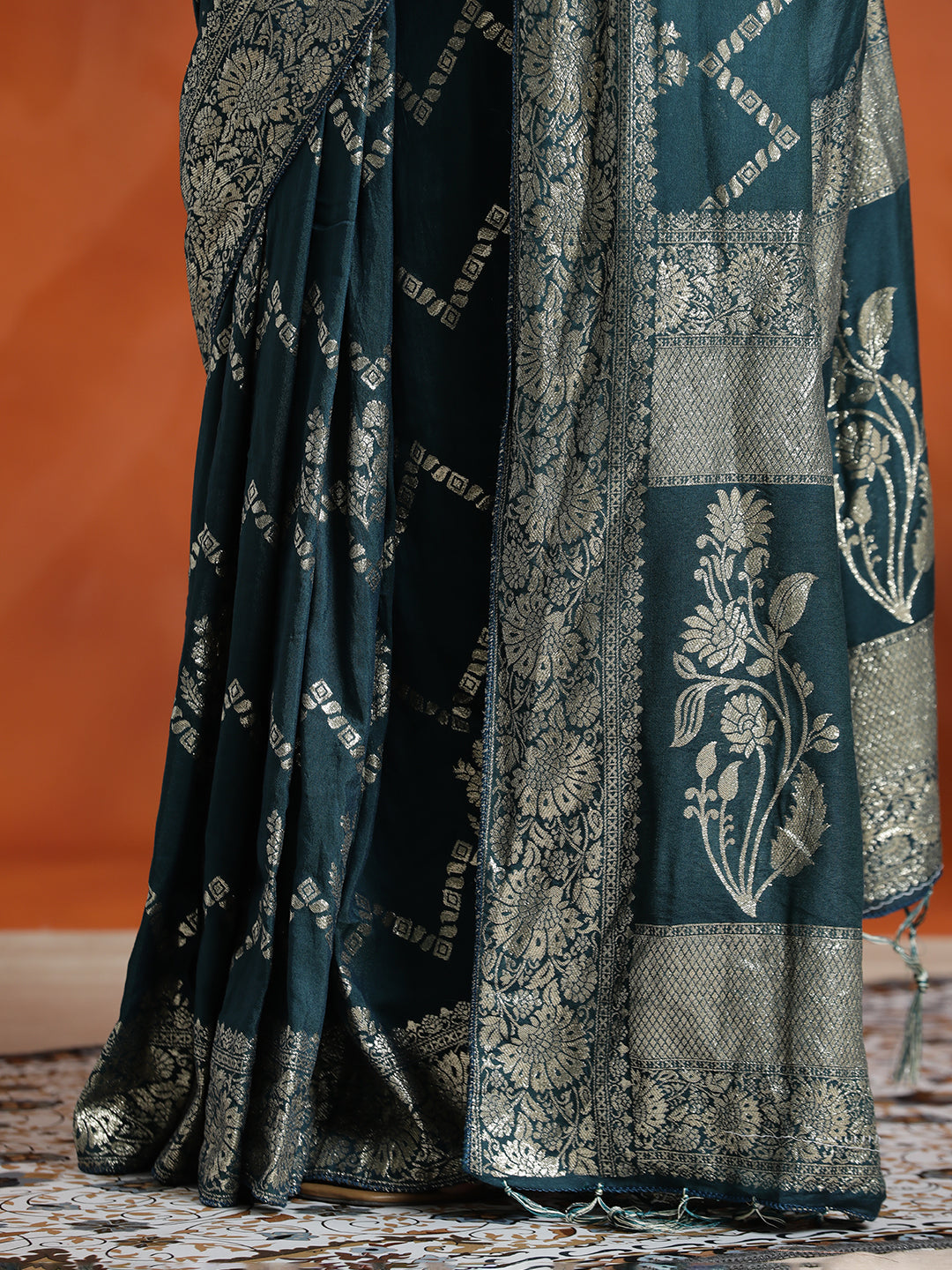 Heavy Banarasi Zari Woven Silk Blend Teal Saree